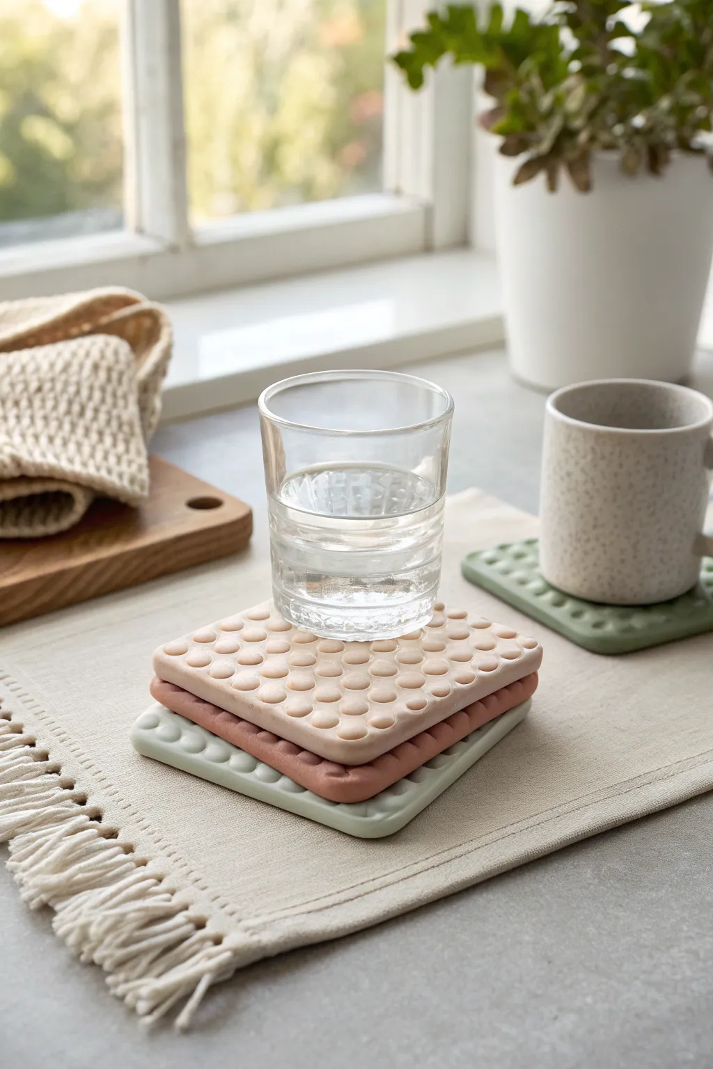 Bubble-texture air dry clay coasters in soft modern tones, minimal and beautifully handmade.