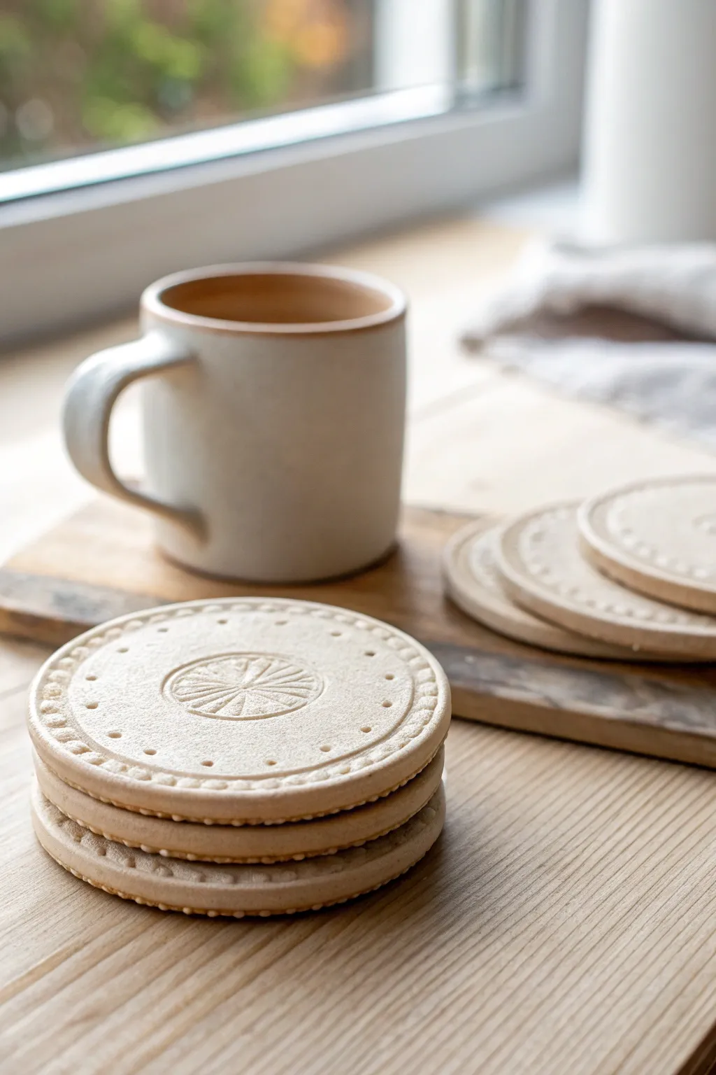 Textured clay coasters with dots and stamped patterns, styled minimally for cozy coffee moments