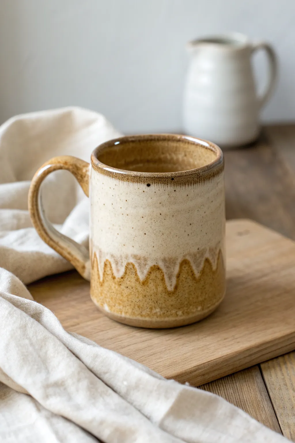 Wavy rim clay mug with glossy glaze pooling at the lip for a charming not-perfect finish