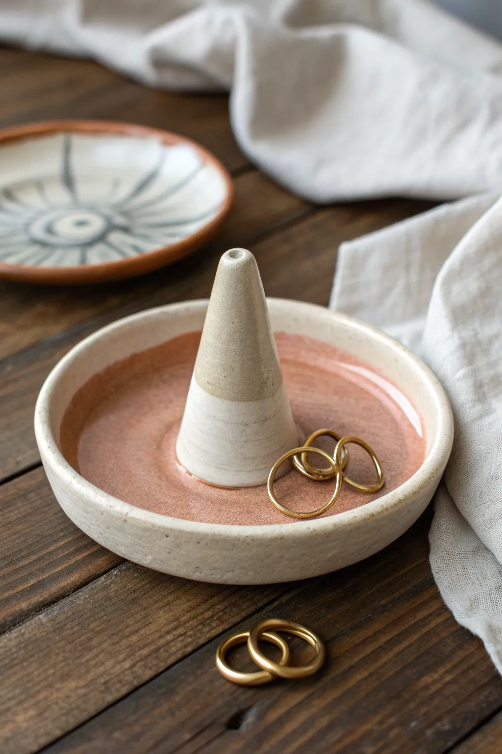 Minimal ring dish with built-in cone in two-tone glaze, styled with simple rings and cozy tones.