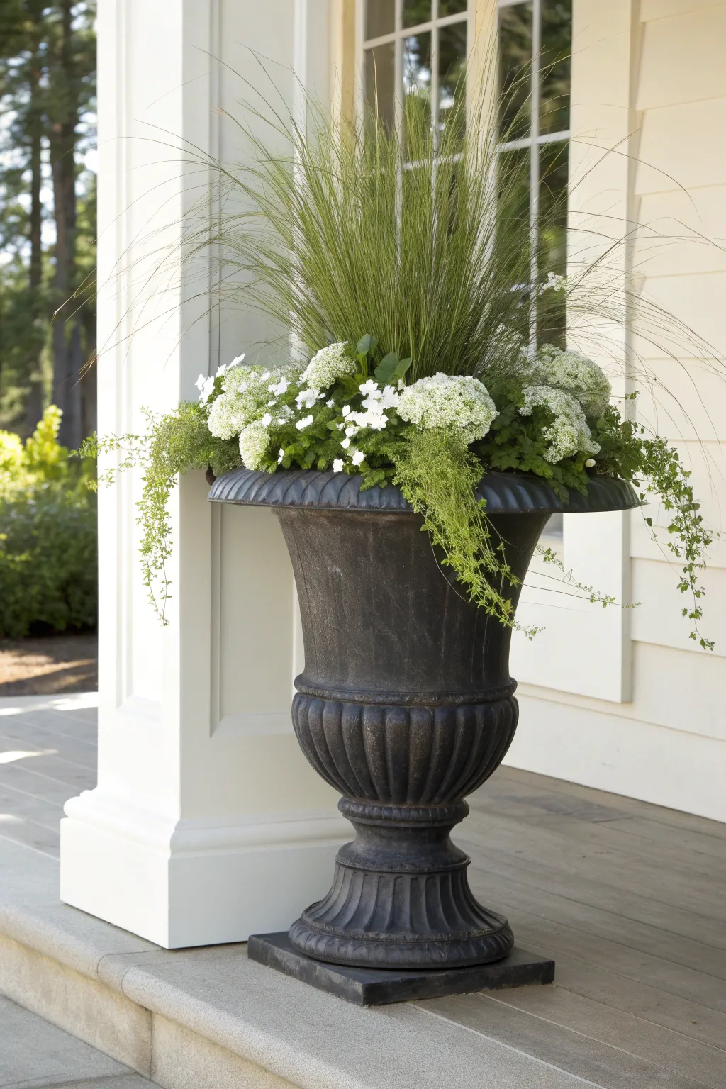 Modern urn planter: dark ceramic, airy grass, white blooms, and soft green spill for clean curb appeal