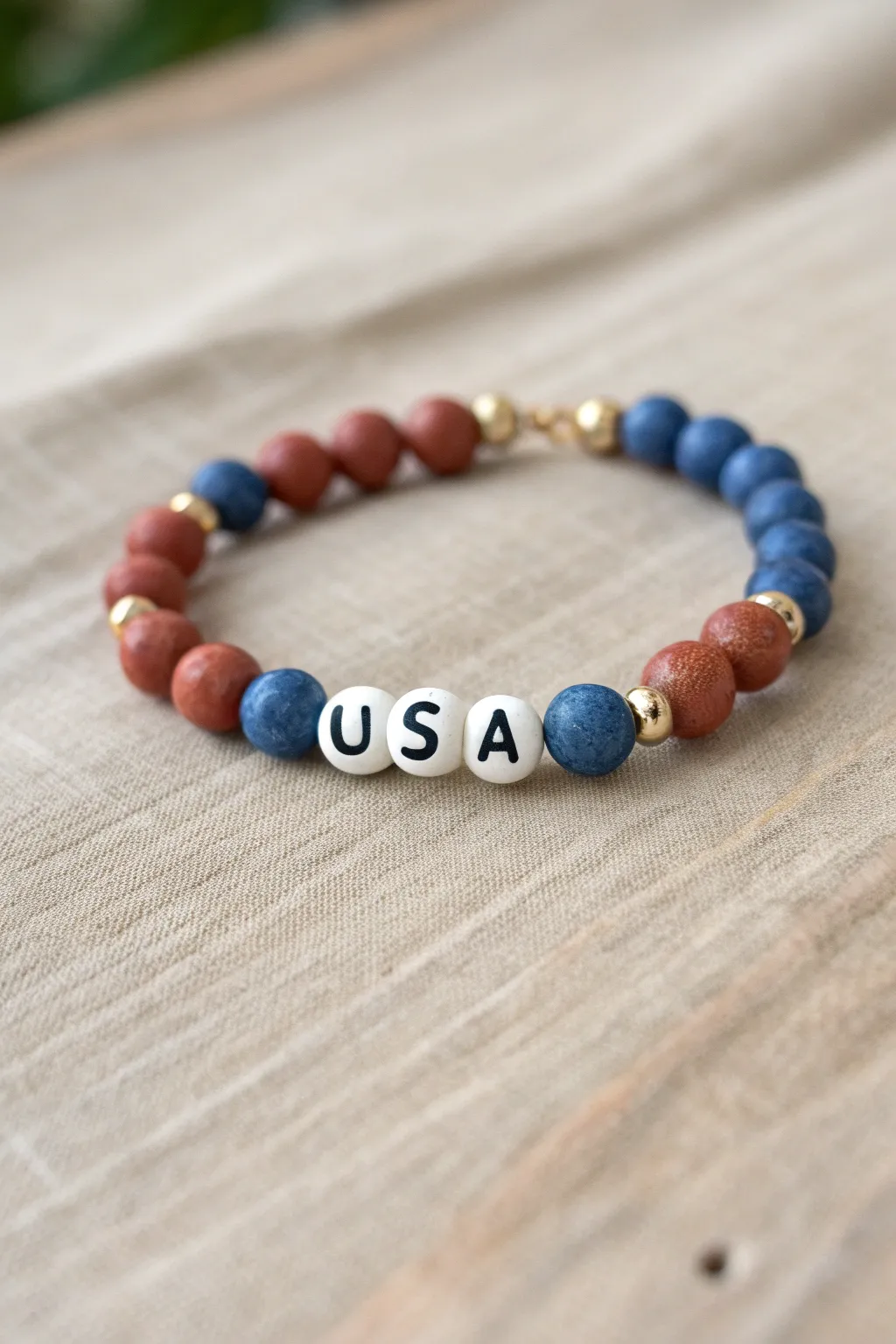 Patriotic clay bead bracelet with USA letter centerpiece in clean red, white, and blue.
