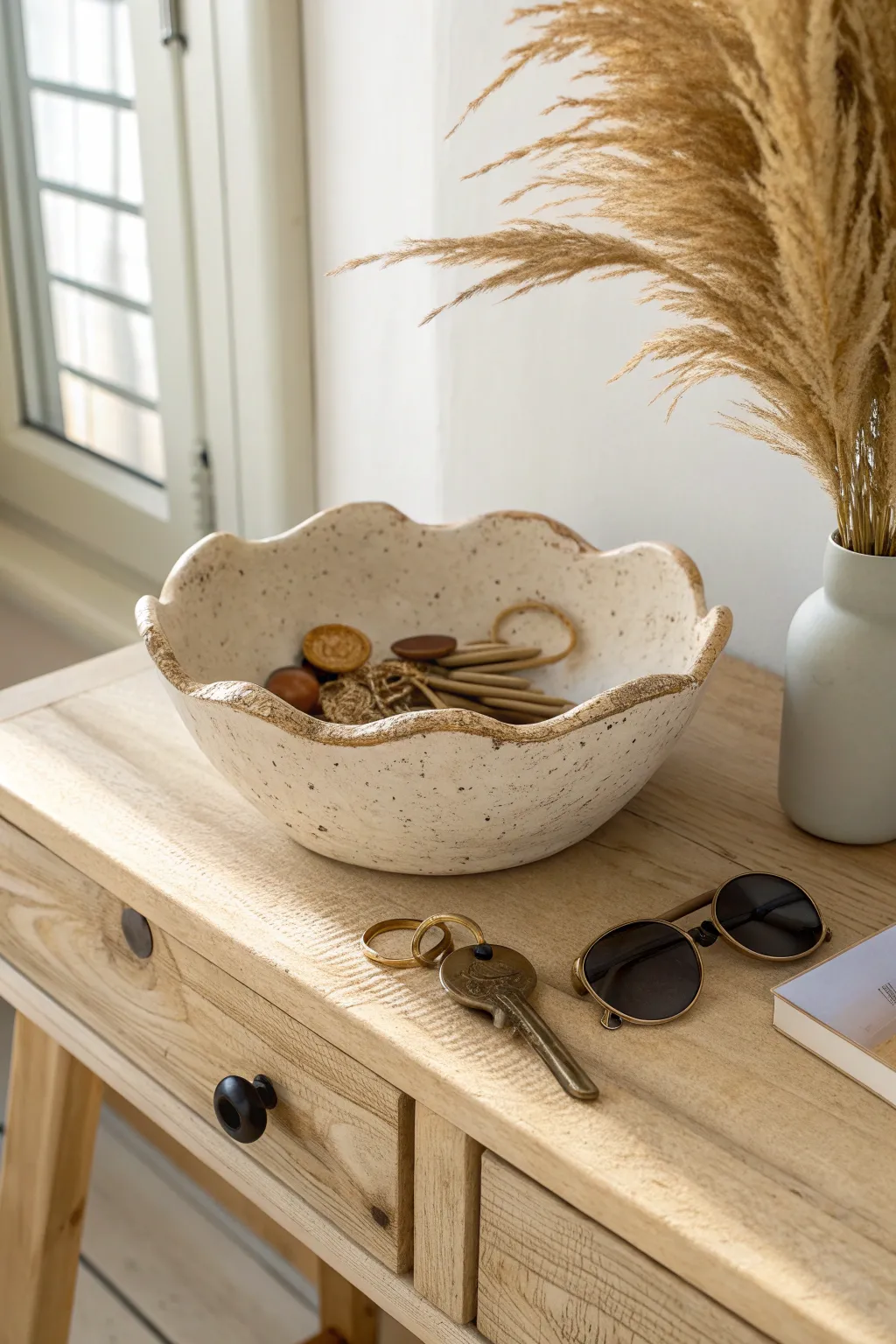 A simple wavy air-dry clay bowl keeps keys, coins, and sunglasses neat on your entry table