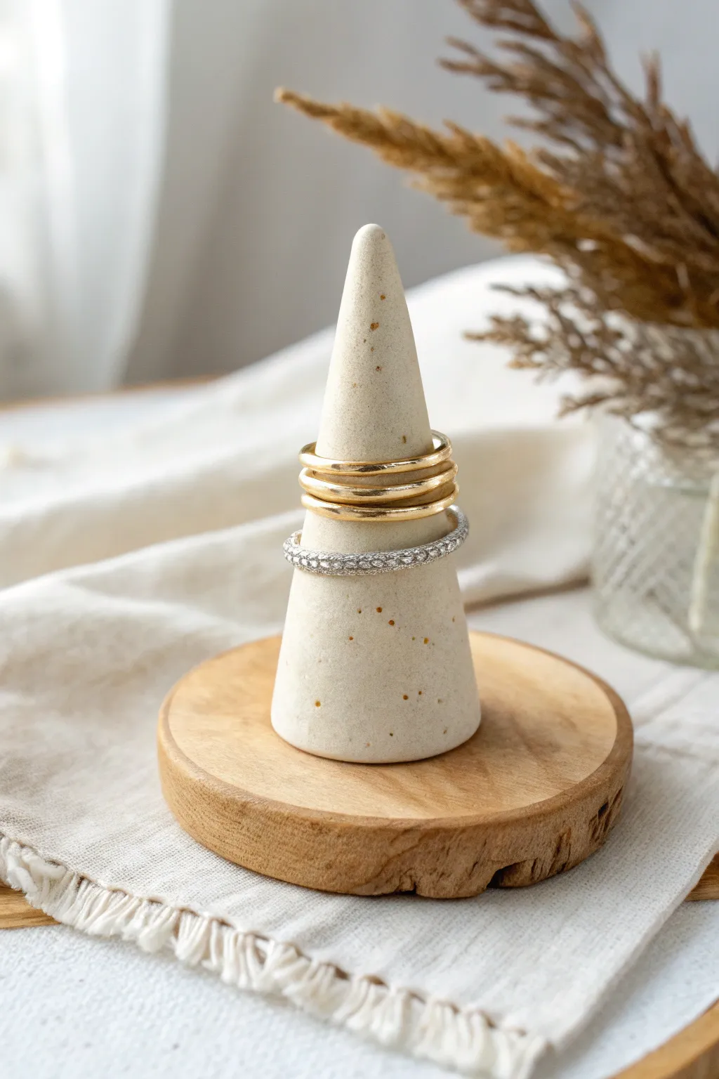 Matte clay cone ring holder keeps your daily ring stacks tidy in a calm minimalist style.