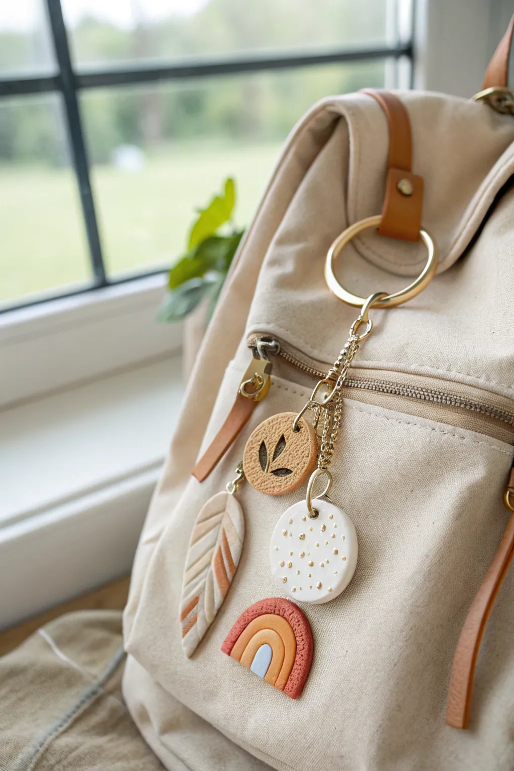 Minimal polymer clay keychain charm doubling as a zipper pull, soft neutrals and brass details.
