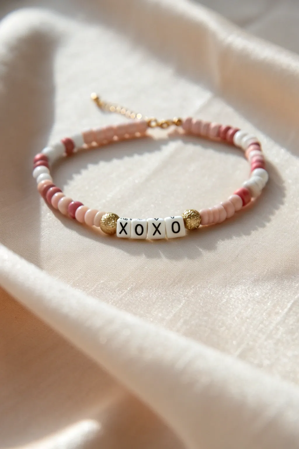 Minimal XOXO clay bracelet in blush, pink and white heishi beads with gold spacers, Valentine ready.