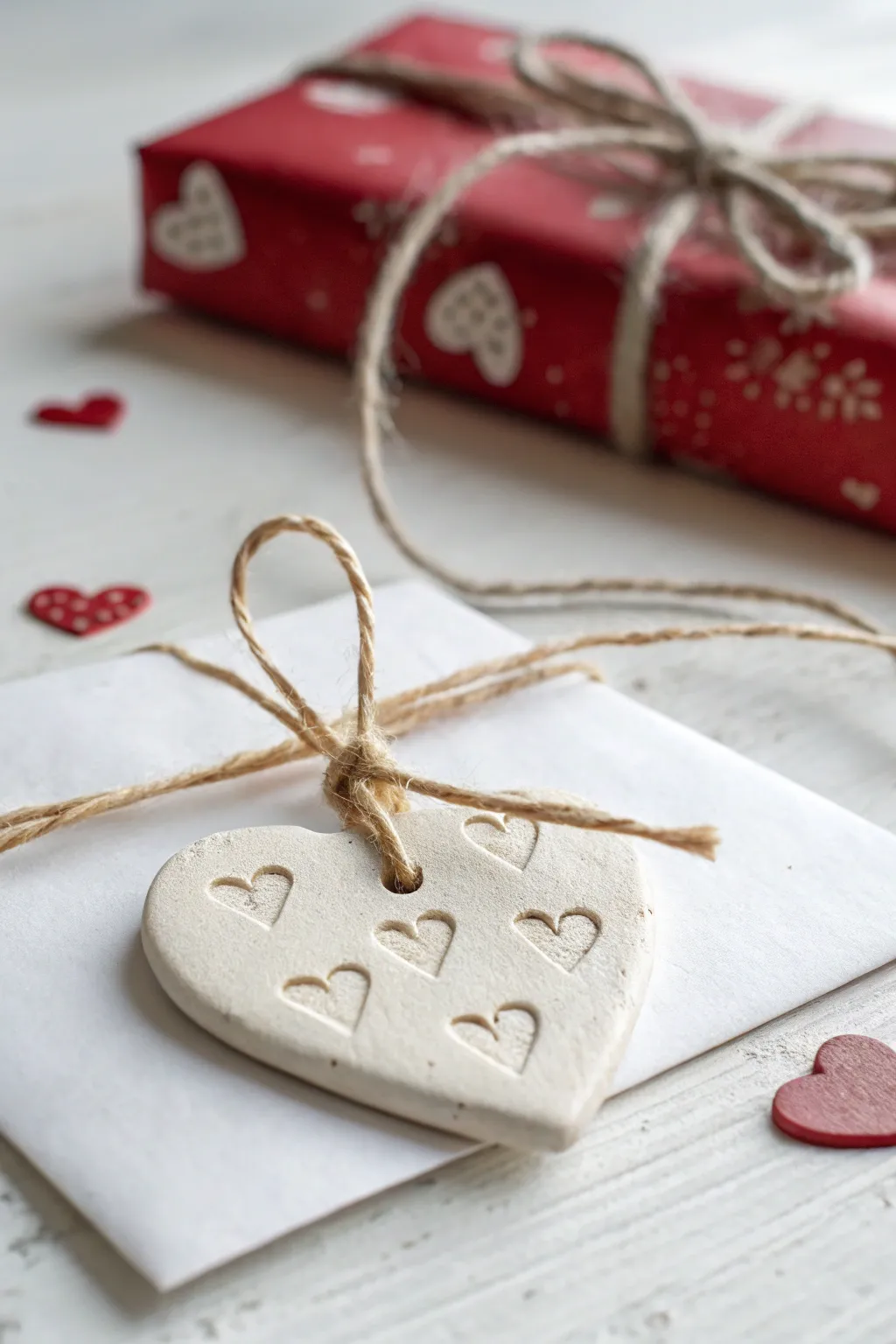 Minimal clay heart tag with twine beside a wrapped Valentine gift, soft boho Scandinavian feel.