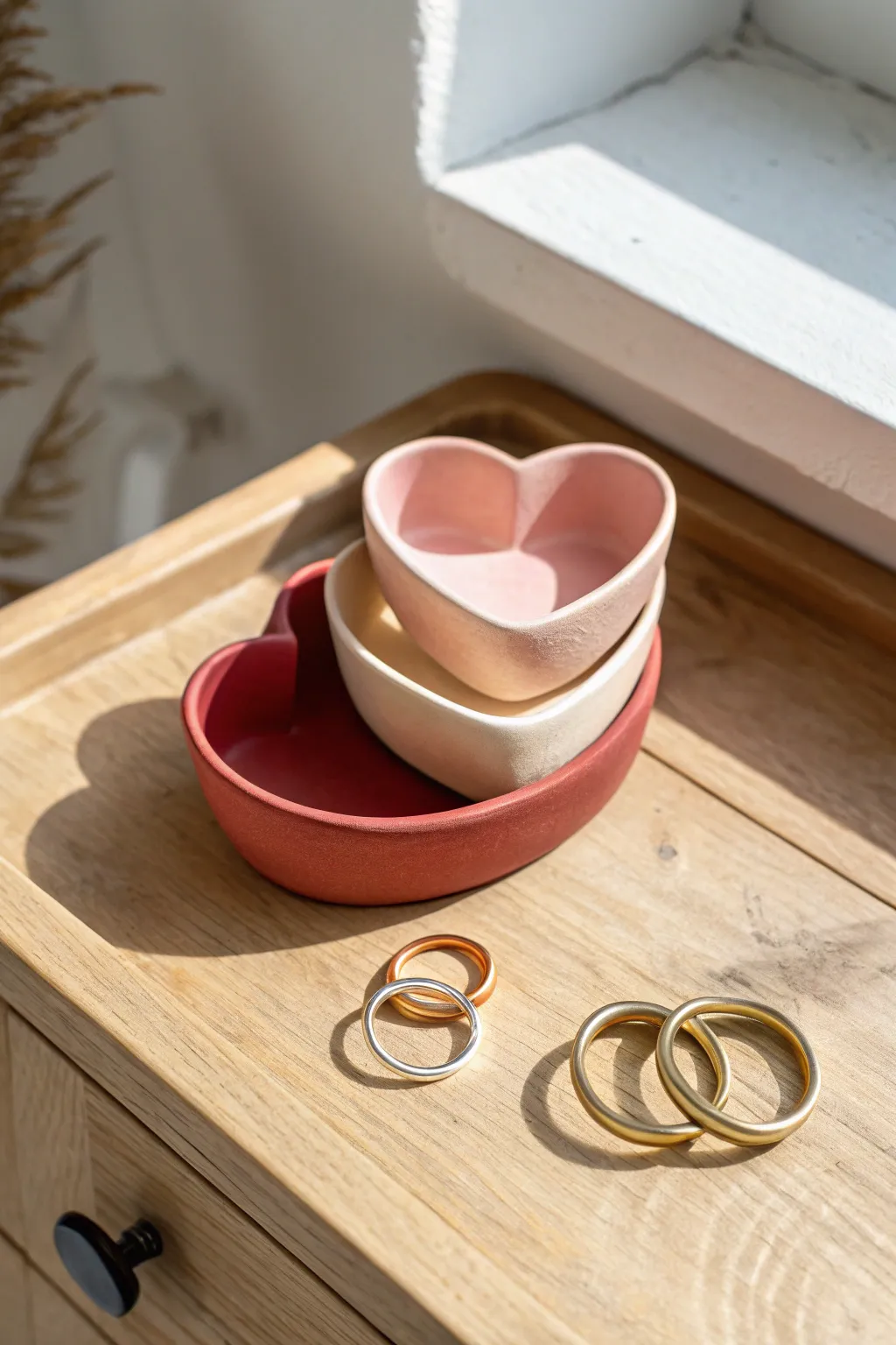 Sweet heart-shaped clay ring dishes in soft Valentine hues, styled simply with a minimal glow.