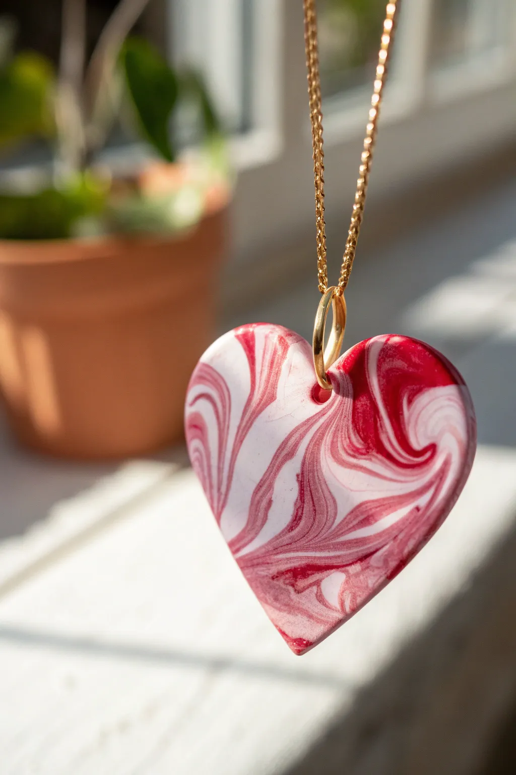 Marbled heart polymer clay pendant necklace with cozy light and minimalist Scandinavian charm