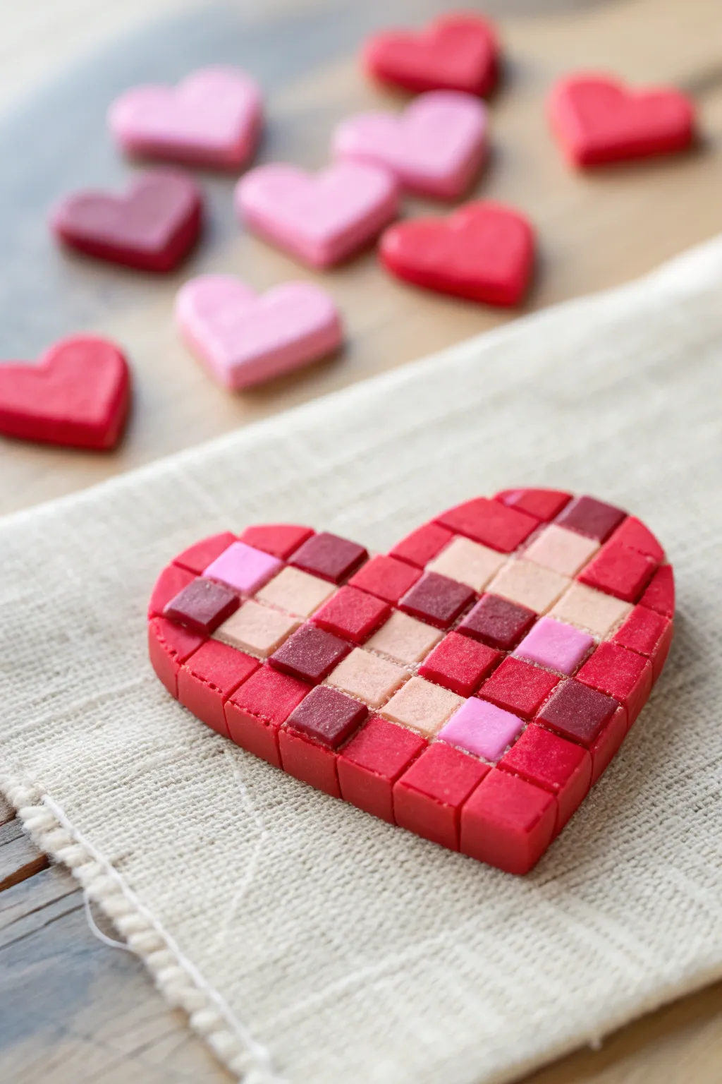 Pixel-style clay hearts in rosy tones, minimalist game-inspired tokens for cozy pottery projects.