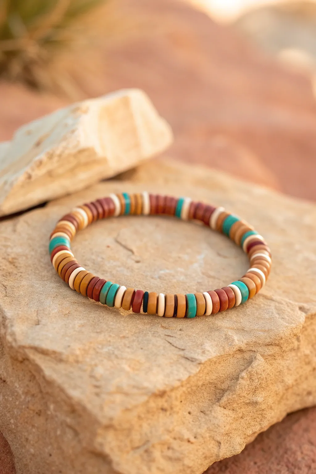 Serape-inspired sunset stripes in clay heishi beads, styled on warm desert stone