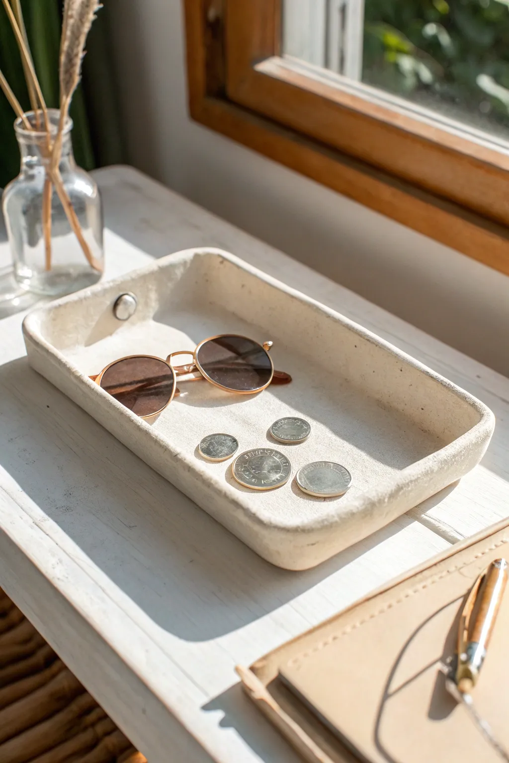 Minimal slab-built catchall tray with soft texture, styled with sunglasses and spare change.