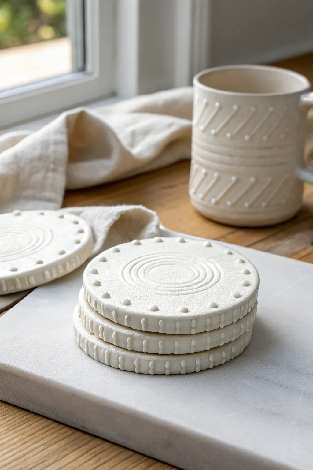 Minimal white air dry clay coasters with subtle texture, styled for a calm Scandinavian table.