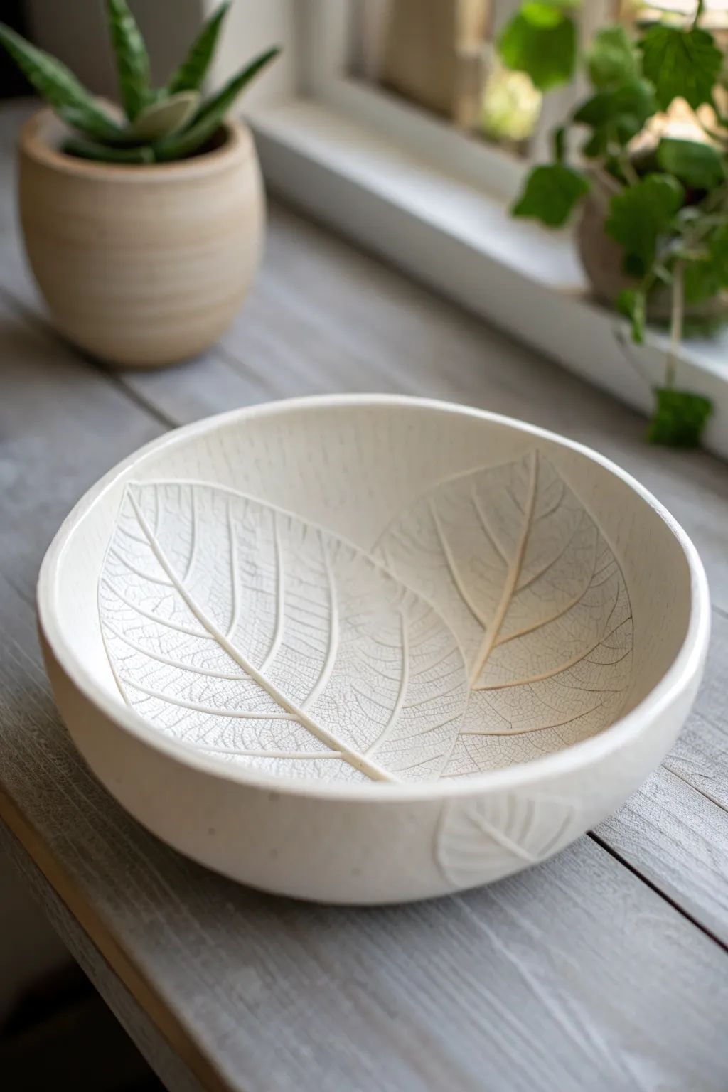 Minimal white clay leaf-imprint bowl with crisp veins, styled on pale stone with soft greenery.