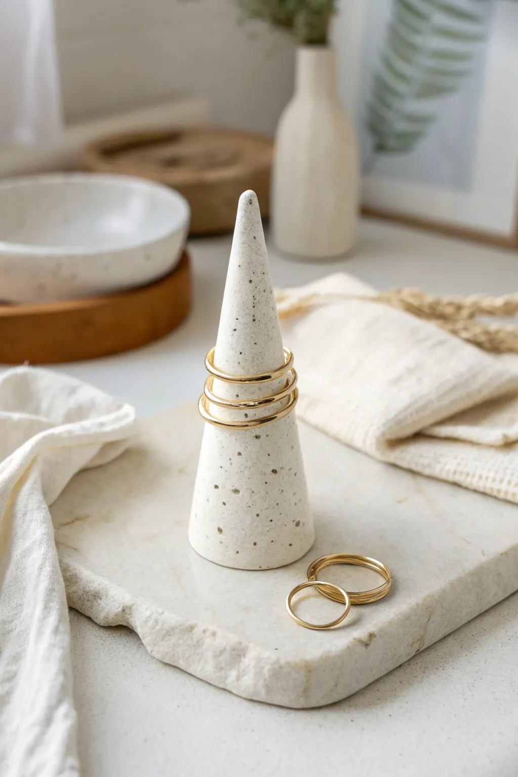Minimal white clay ring cone adds calm, handcrafted elegance to a neutral bathroom vignette.