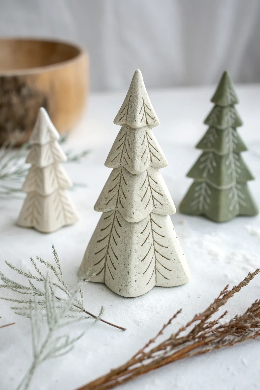 Mini clay evergreens on snowy white, simple textures for cozy Scandinavian winter decor.