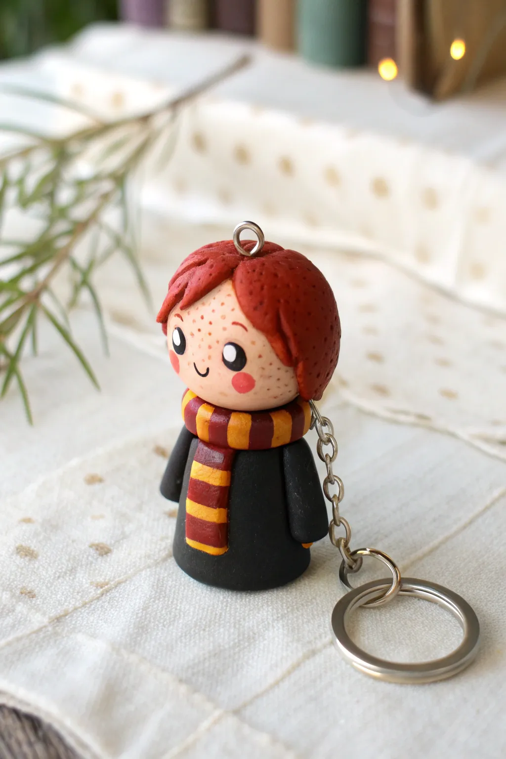 Chibi red-haired wizard-school bestie charm with freckles and striped scarf, ready to clip on.