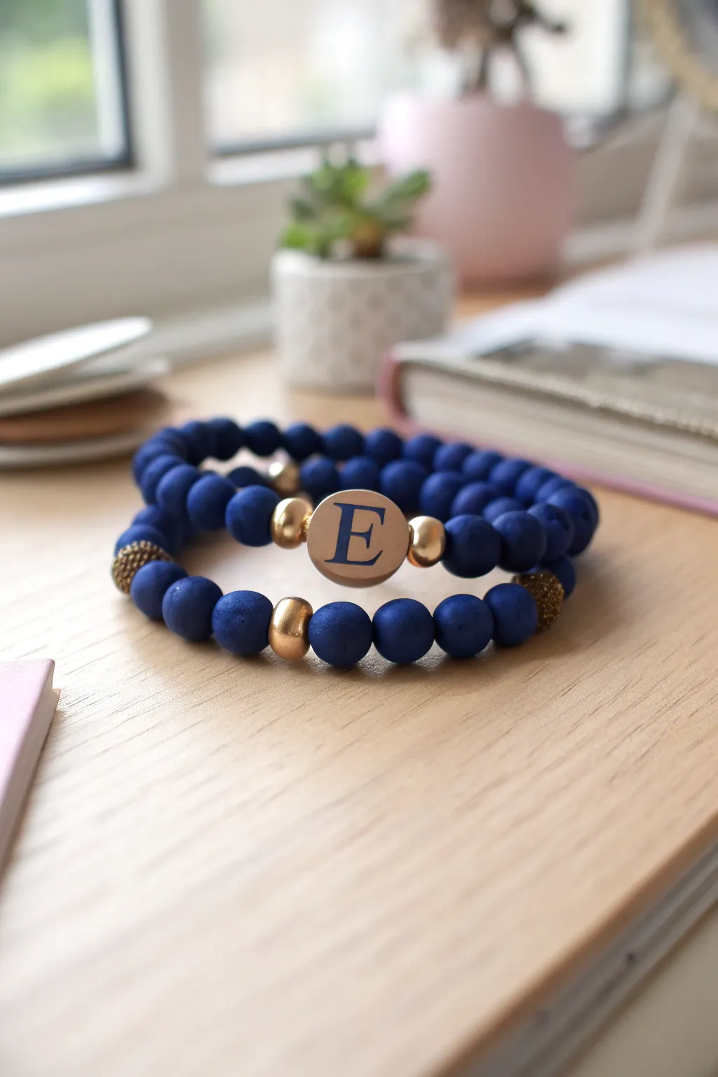 Blue and bronze clay bead stack with an E bead, styled beside a notebook for a scholarly vibe