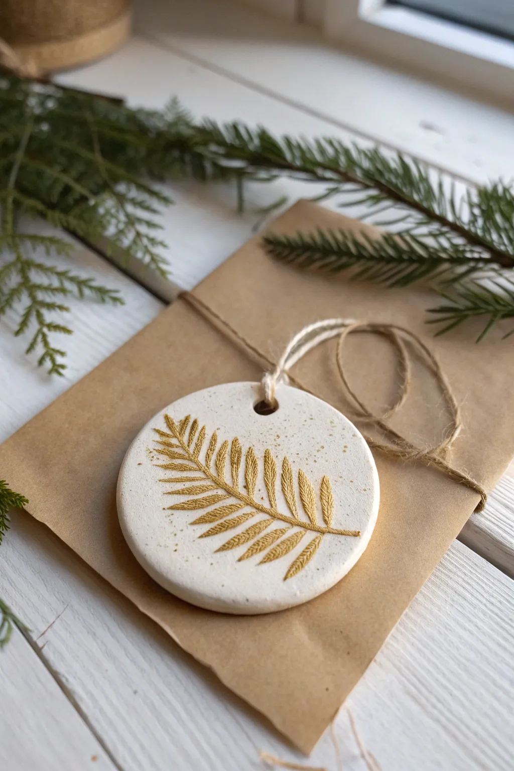 Minimal evergreen imprint ornament with metallic highlights, perfect for cozy Scandinavian holiday decor.
