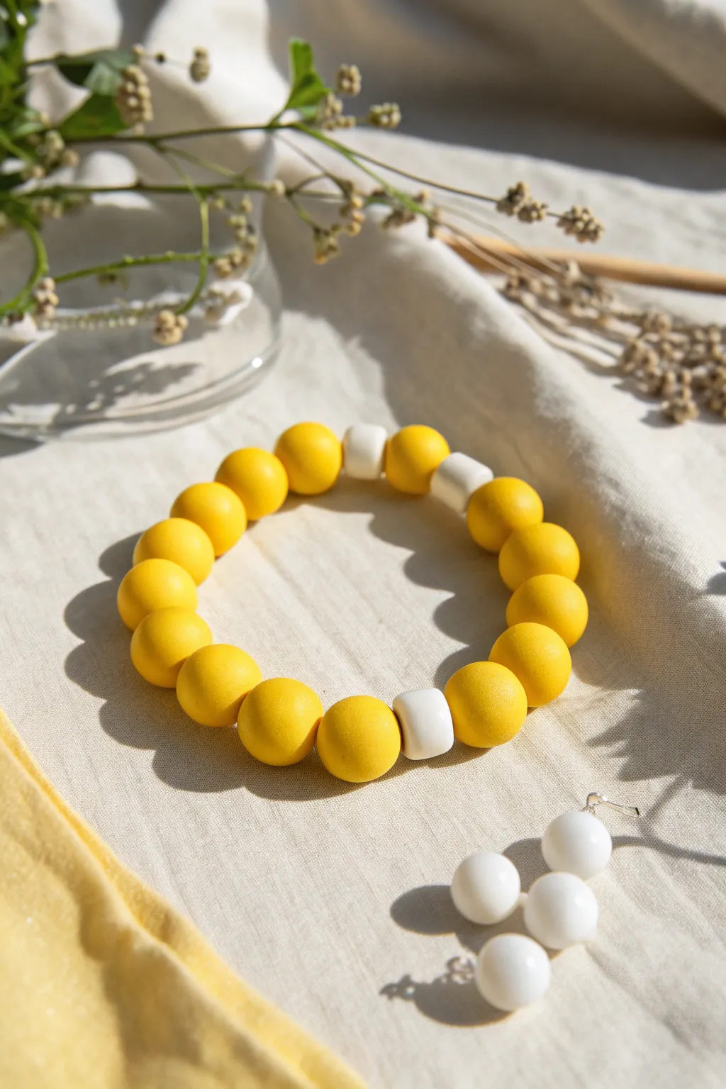 Bold yellow color block clay bead bracelet with crisp white breaks, minimal and boho calm.