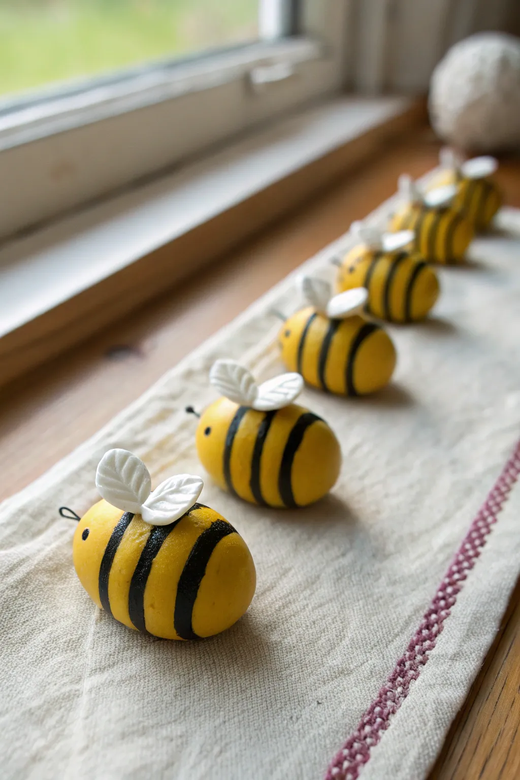 Handmade bumblebee stripe beads in sunny yellow and black, styled minimal on linen