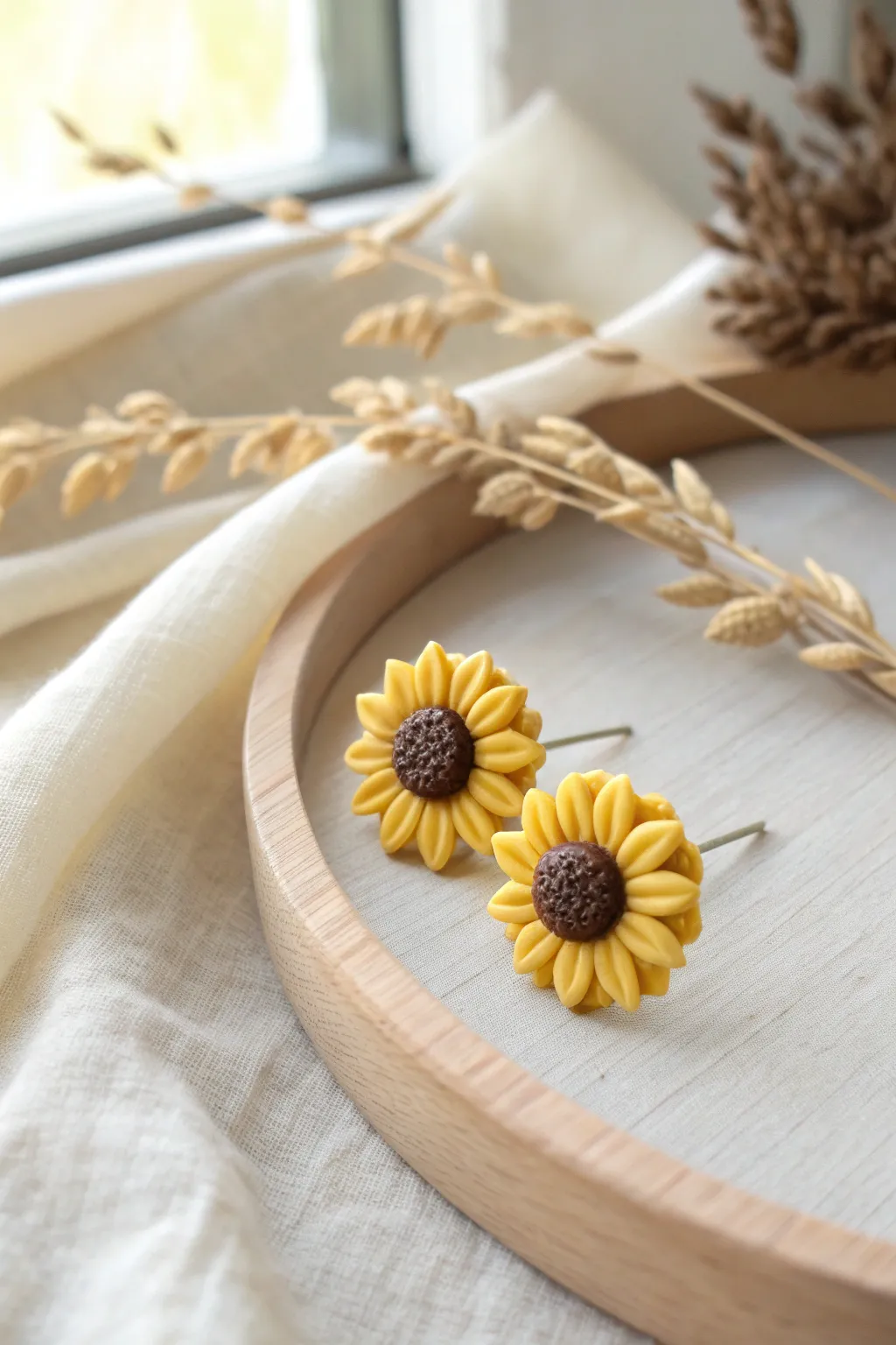 Sunny sunflower polymer clay studs in soft yellow with a textured dark center, minimal and handmade