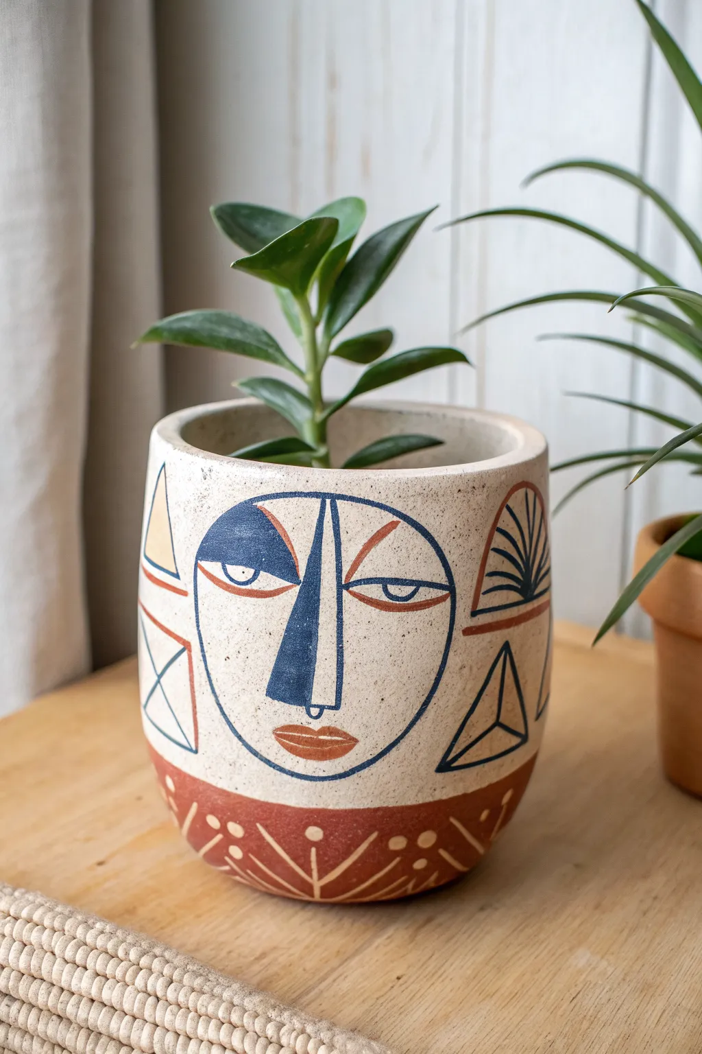 Cubist face planter with bold cobalt accents, minimal lines, and cozy Scandinavian-boho vibe.