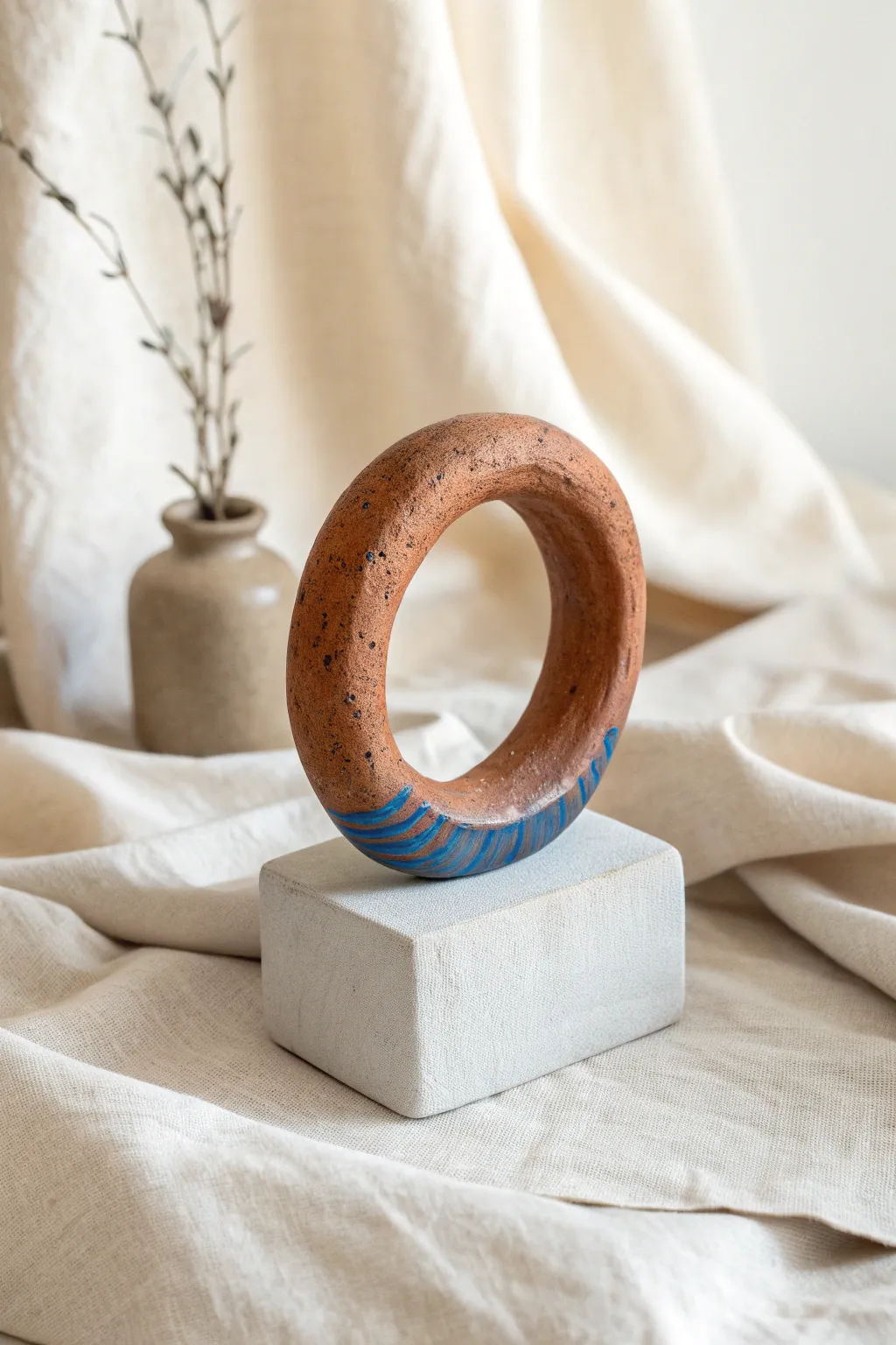 Chunky minimal clay loop ring on a small pedestal, bold color contrast and a gallery-style void.