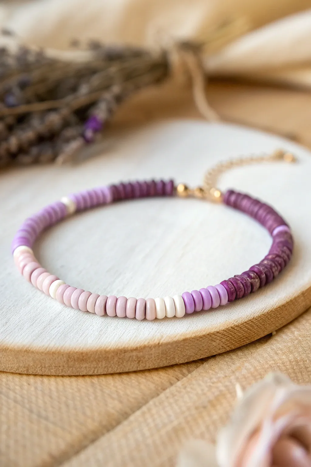 Lilac-to-plum ombre clay heishi bracelet for a bold yet minimalist Pinterest look