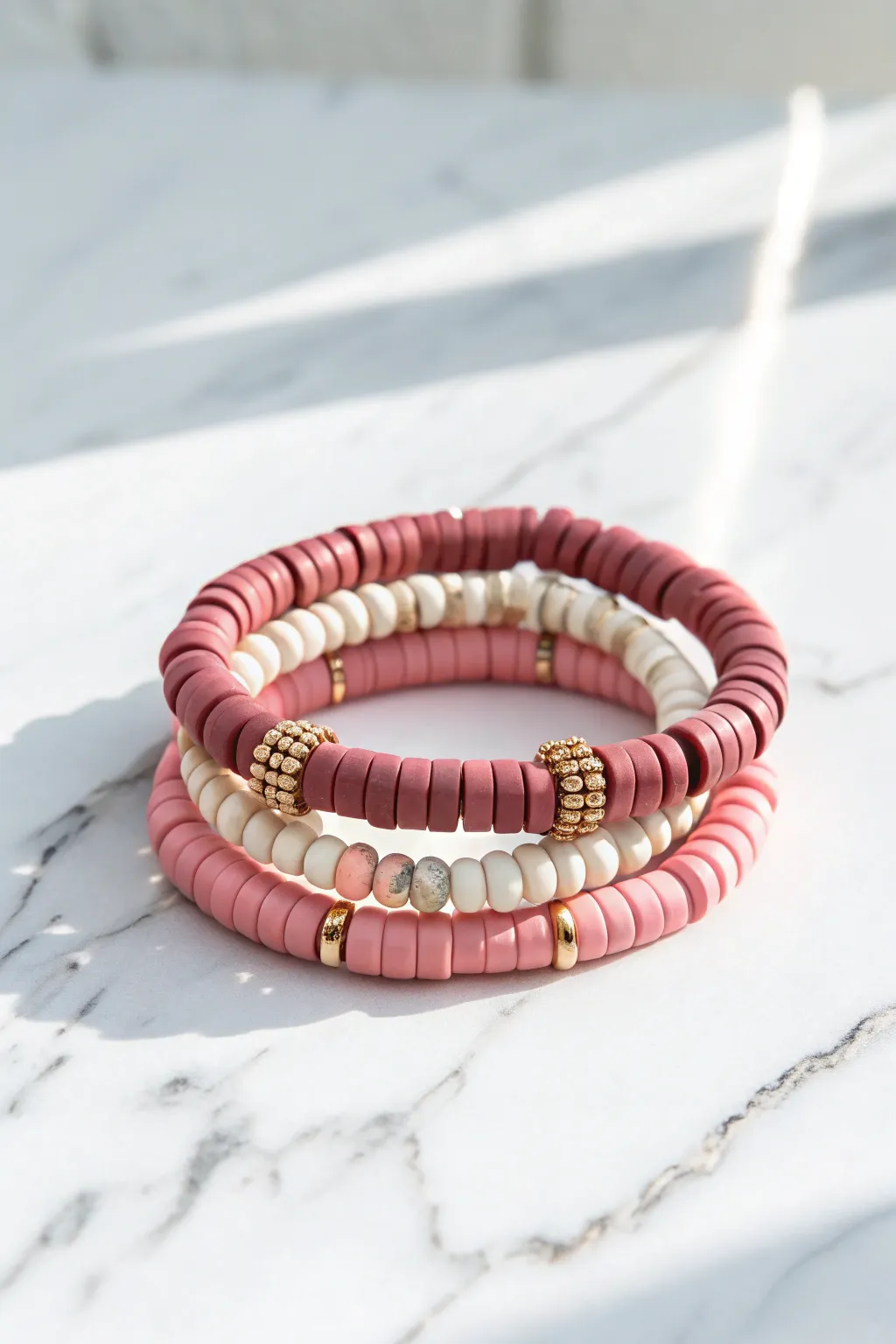 Monochrome pink heishi bead bracelet stack on bright marble, clean girl minimal with boho charm