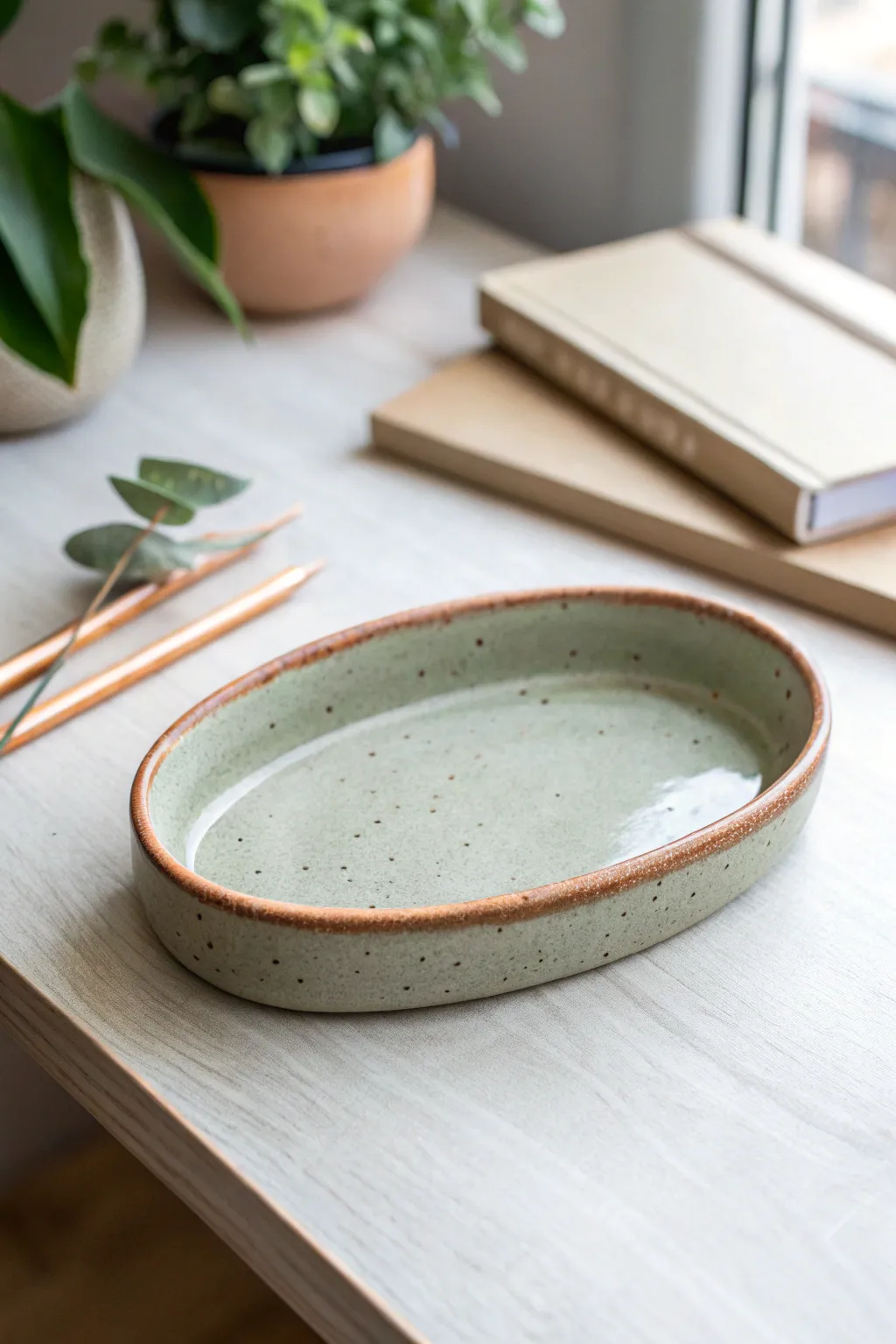 Minimal oval jewelry tray in sage with terracotta rim, perfect for rings and daily essentials.