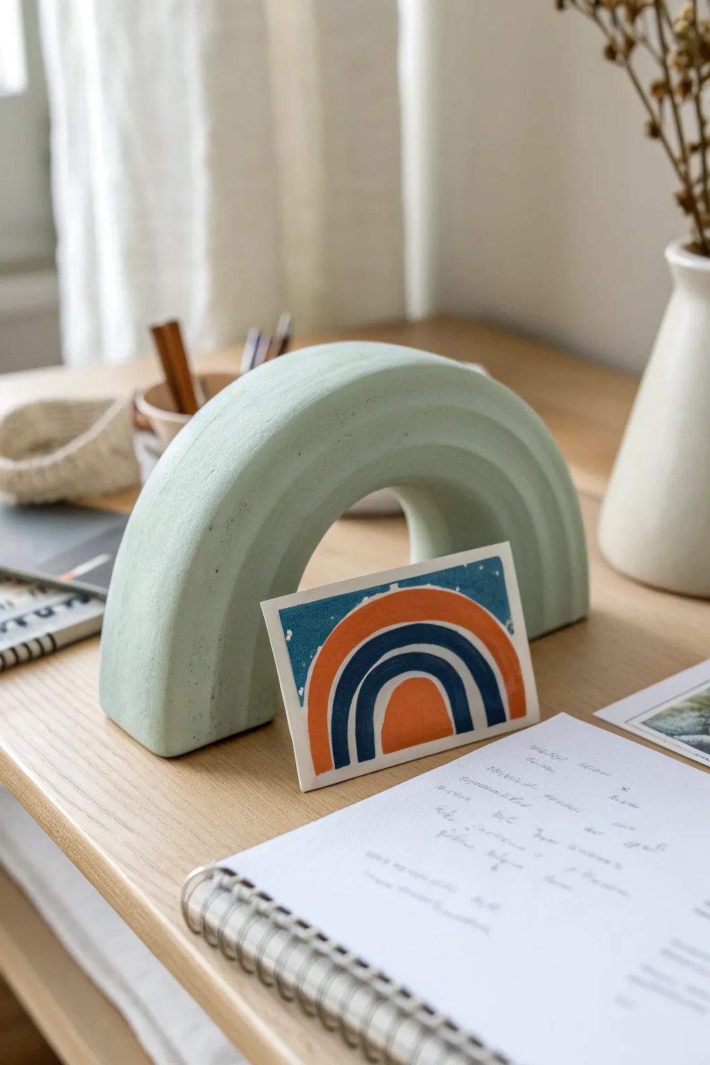 Chunky arch clay photo holder in soft sage, bringing dreamy minimal boho vibes to your desk.