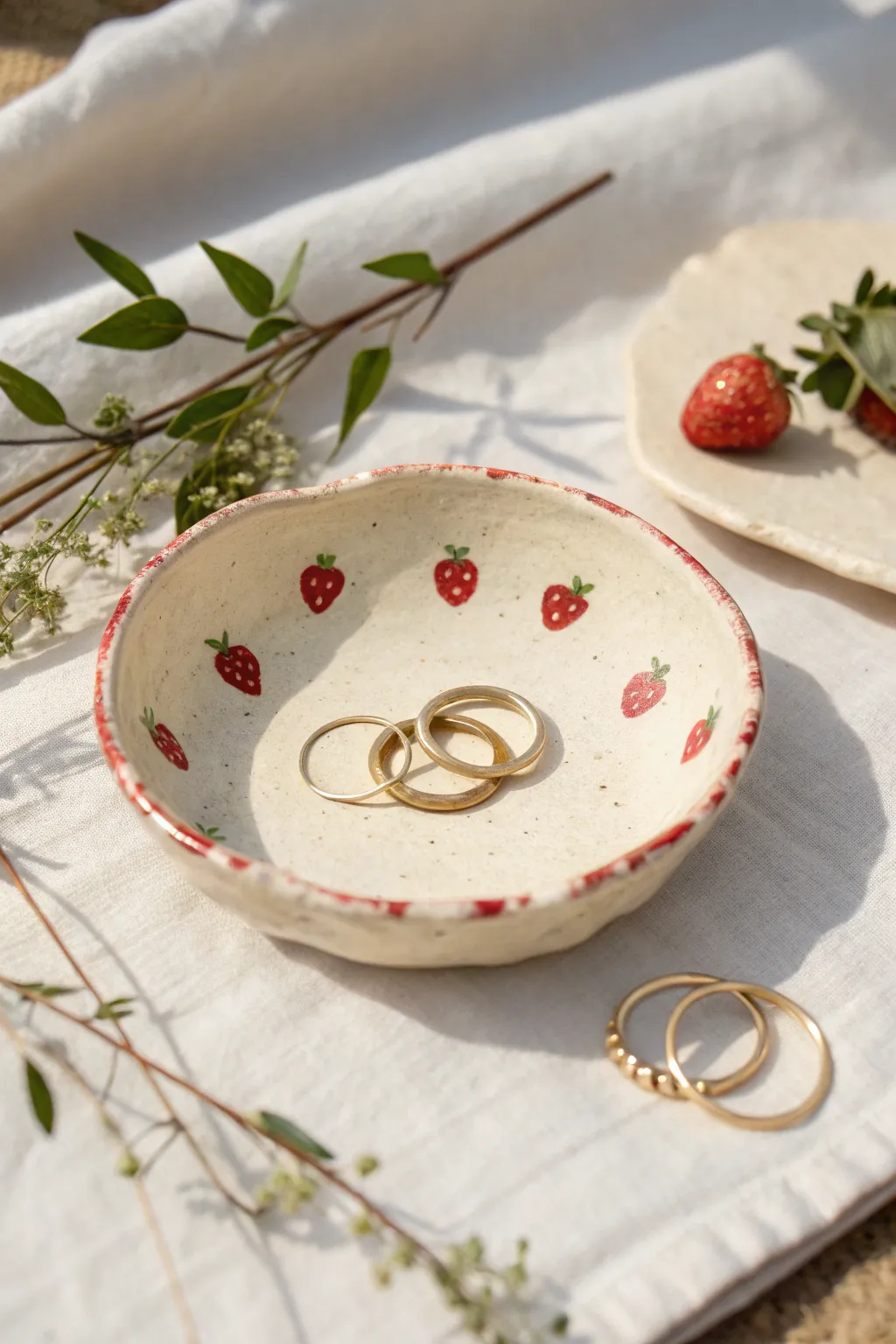 Sweet strawberry trinket dish: minimal, handmade charm for rings and pins on your vanity