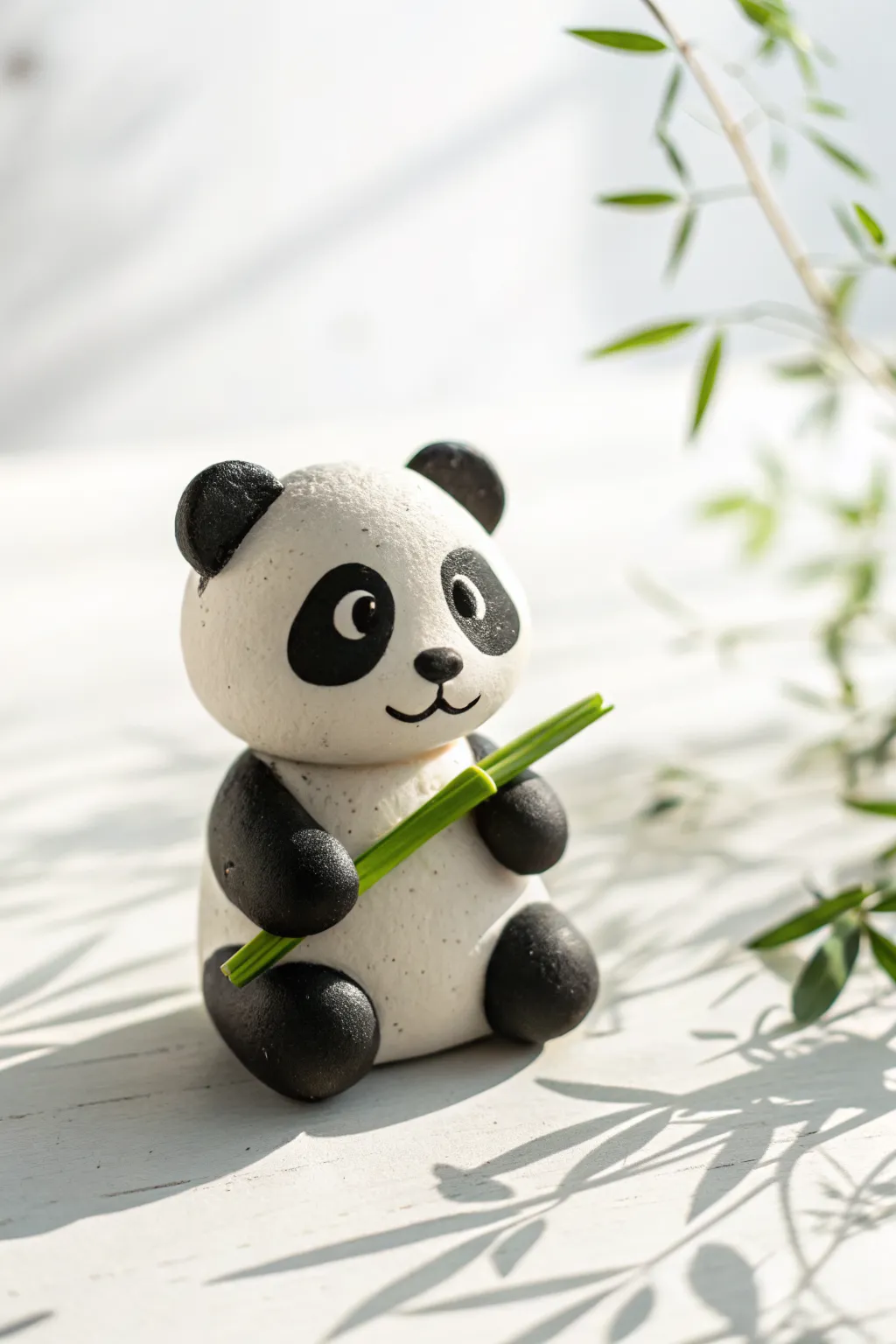 Tiny air clay panda snack time, striking black patches and bright green bamboo on a clean white backdrop.
