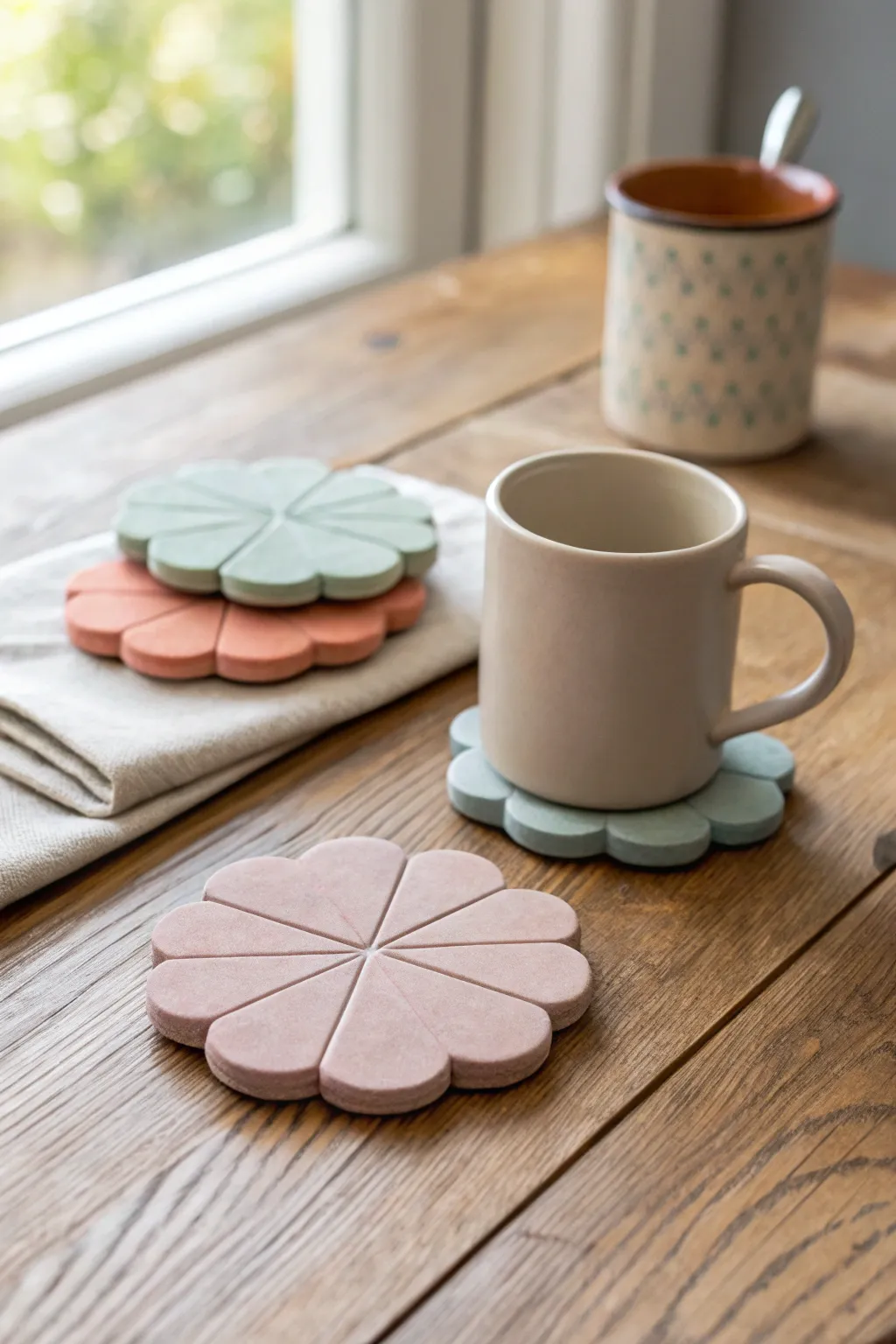 Simple floral air clay coasters in soft pastels, Scandinavian minimal style with a boho pop of color.