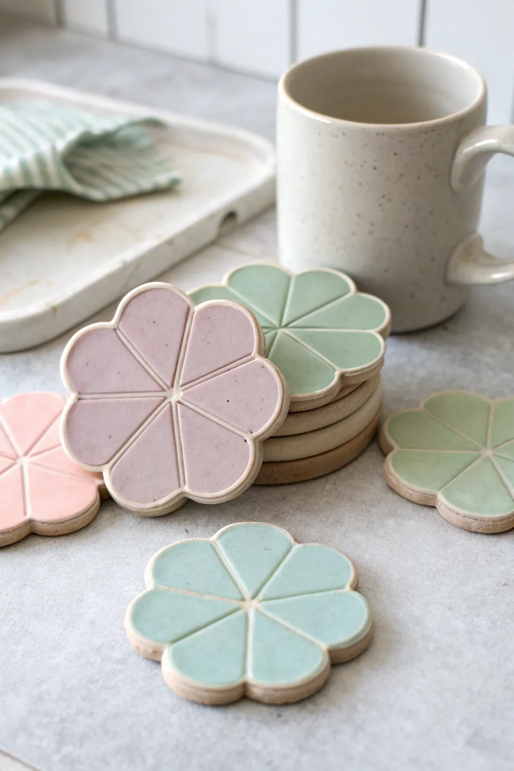Sweet flower-shaped air clay coasters in soft pastels, stacked and ready for tea time