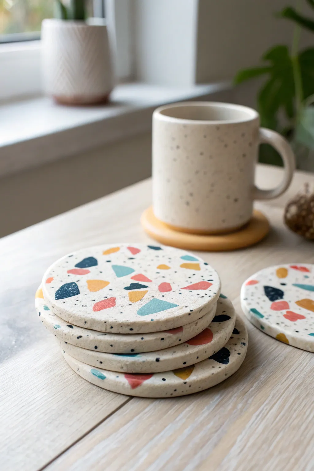 Terrazzo air-clay coasters in bold speckles, minimalist stack for a cozy coffee moment