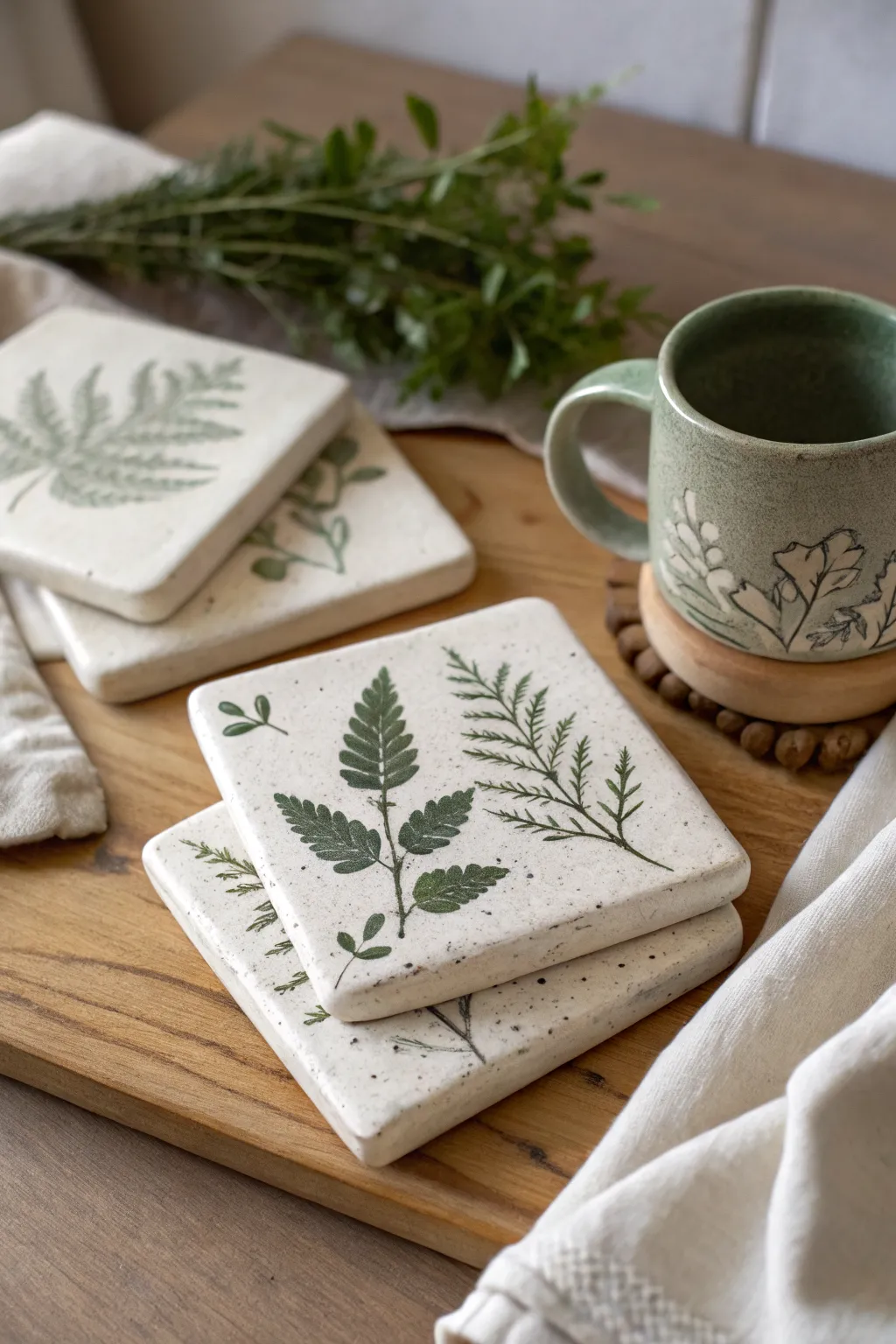 Botanical air-clay coasters with crisp leaf imprints, stacked neatly for a cozy gift set.