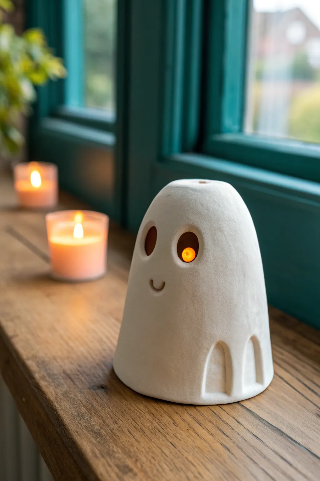 Cozy air clay ghost tealight cover, battery glow, minimalist Halloween decor in bold teal.