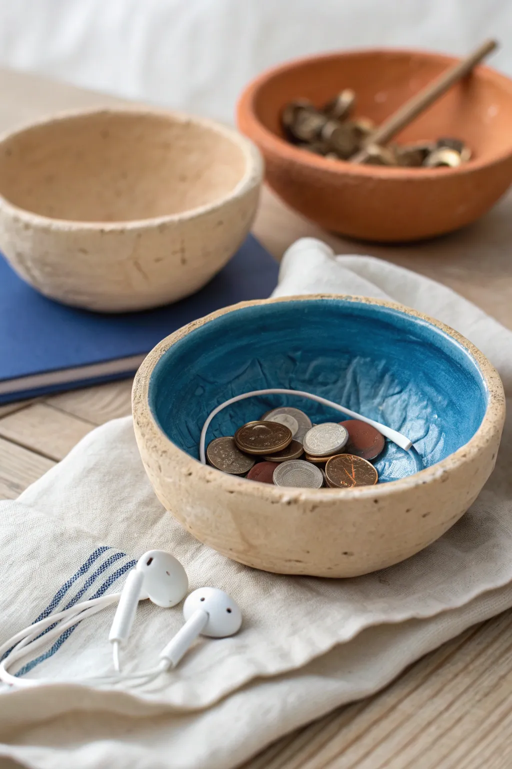 Tiny pinch pot catch-all bowl in natural clay with a painted mate, perfect for coins and earbuds.