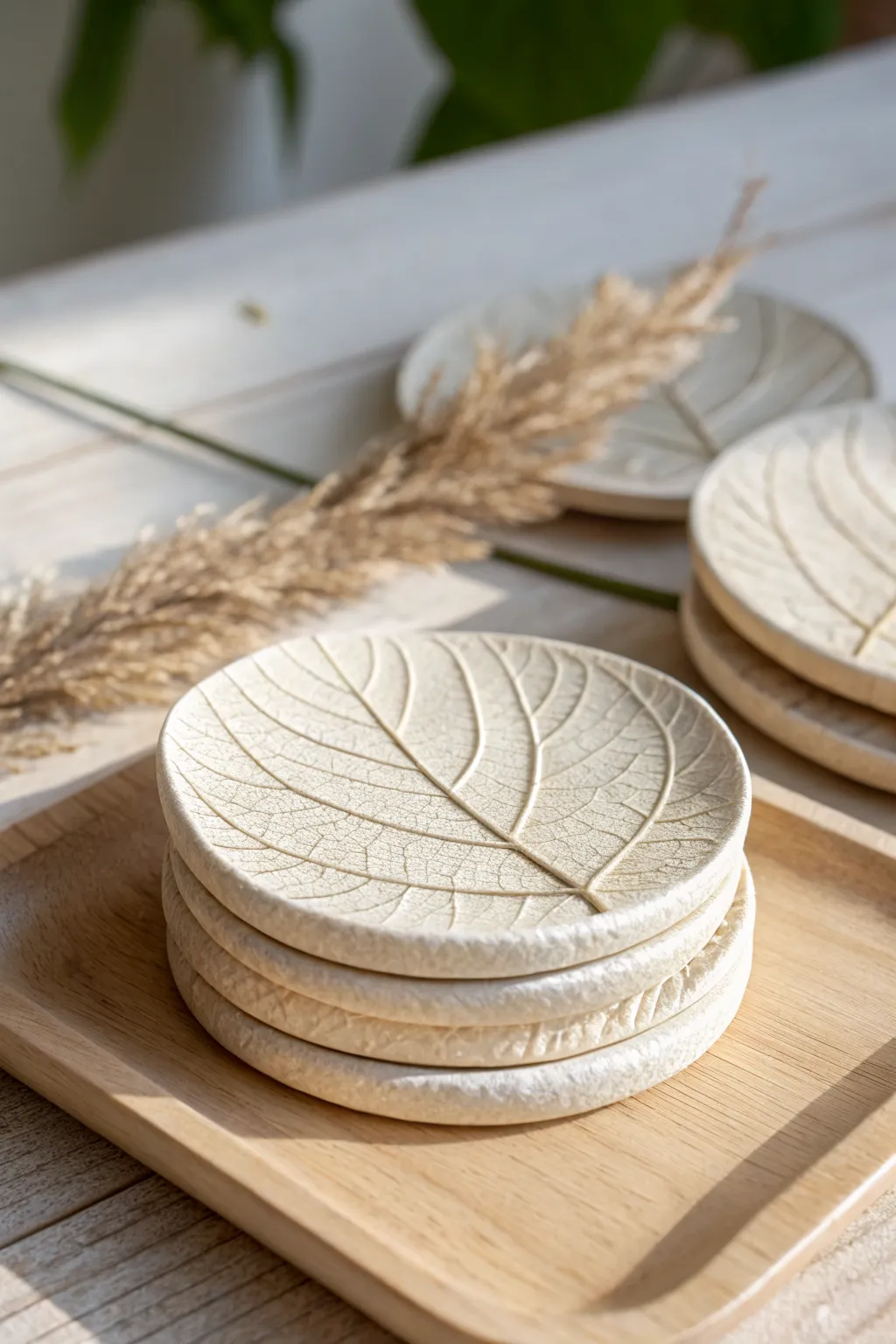 Beginner-friendly leaf-imprint air dry clay coasters in soft neutrals, styled on pale wood.