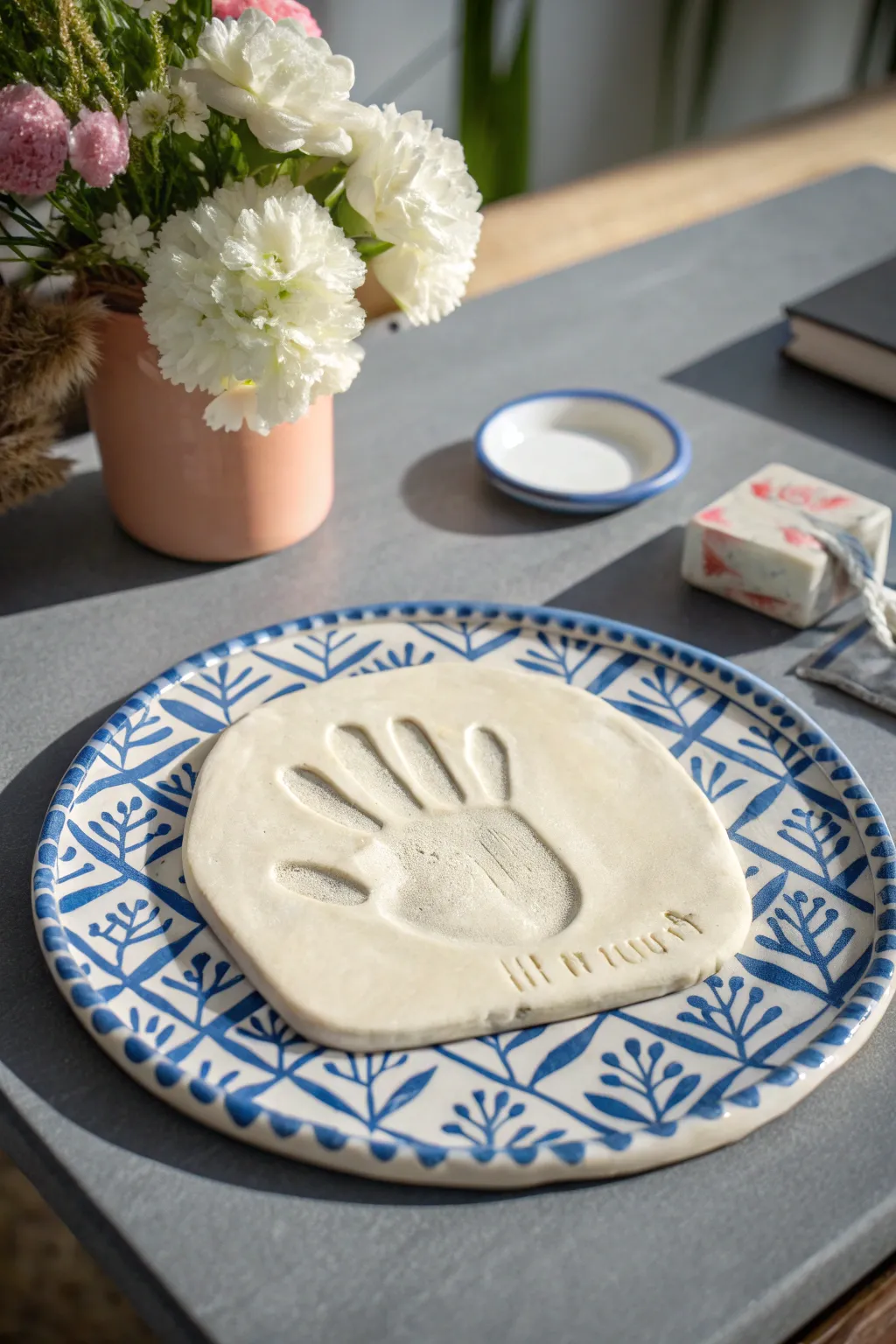 Air-dry clay handprint plaque with a simple border, a sweet keepsake project for kids.
