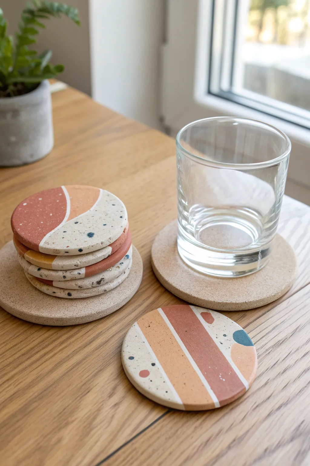 Modern air dry clay coaster set in bold earthy tones, stacked neatly with a glass for scale