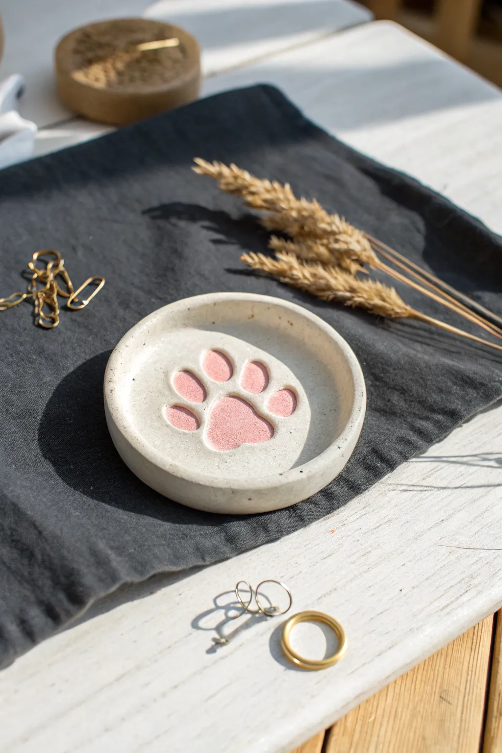 Sweet air dry clay paw-print trinket plate, blush toe beans, perfect for tiny treasures.