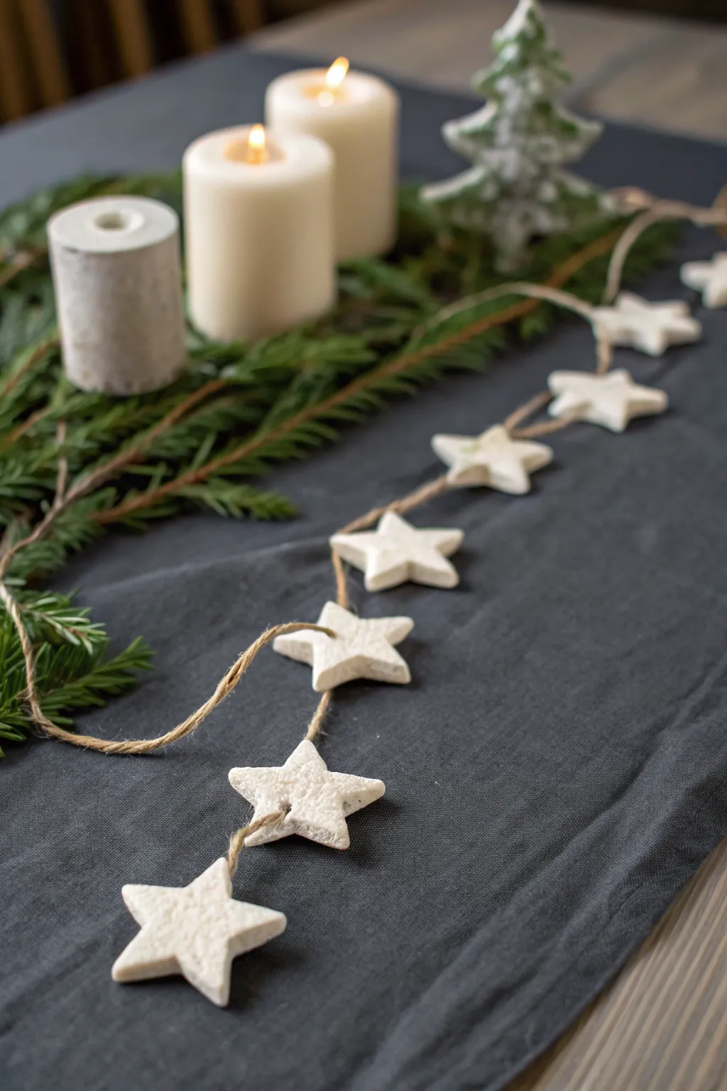Minimalist clay star garland on twine for a cozy, Scandinavian Christmas mantel