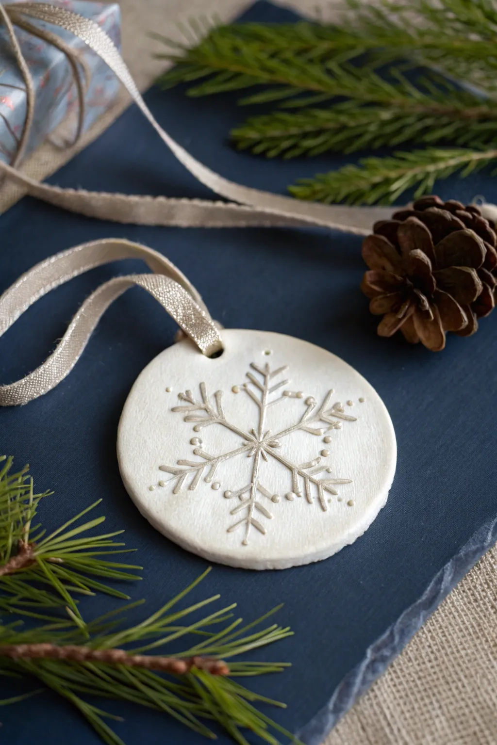DIY air-dry clay snowflake keepsake disc ornament with pearly highlights and linen ribbon.