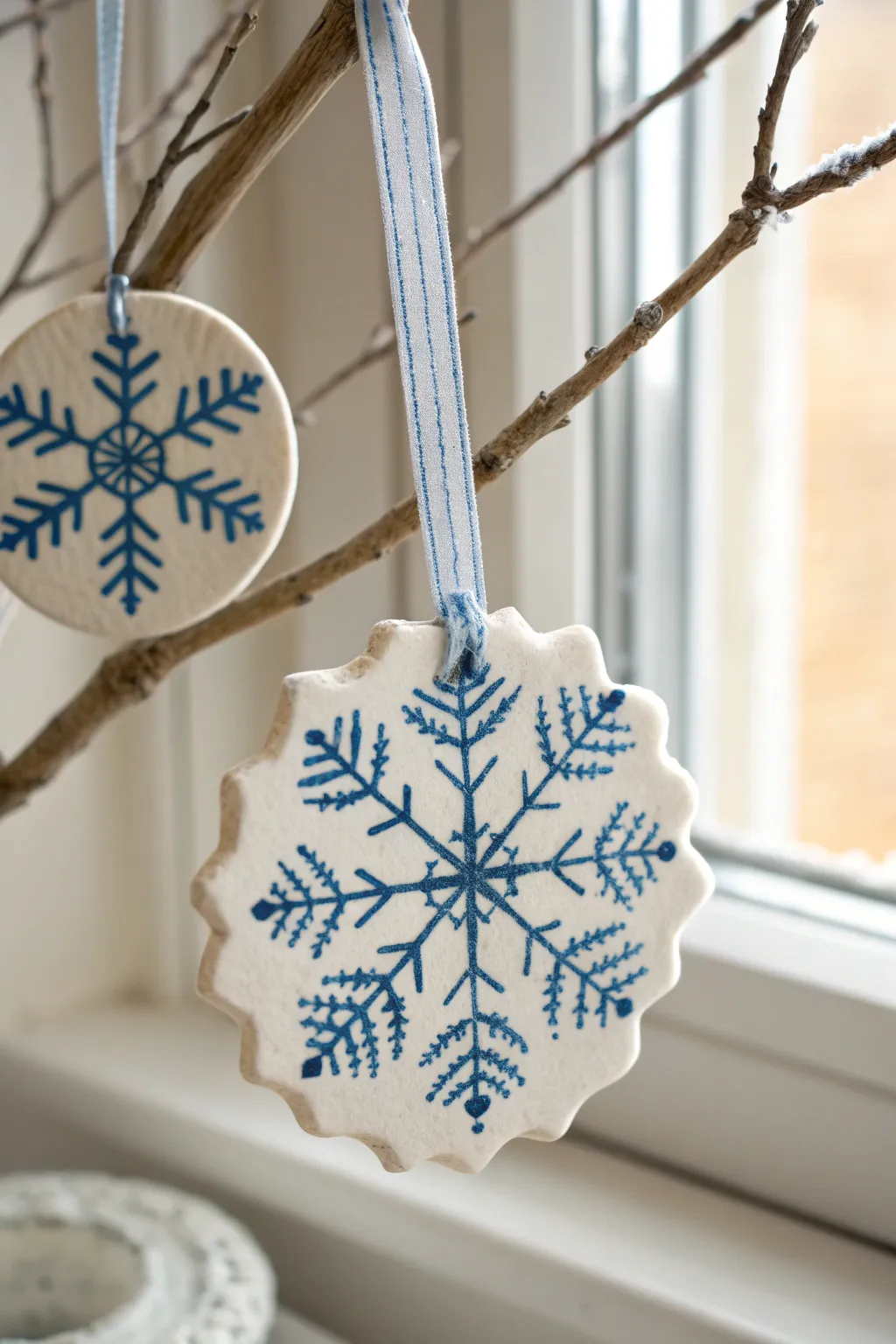 Stamped snowflake medallion ornament in matte cobalt clay, simple ribbon, cozy Scandinavian calm.