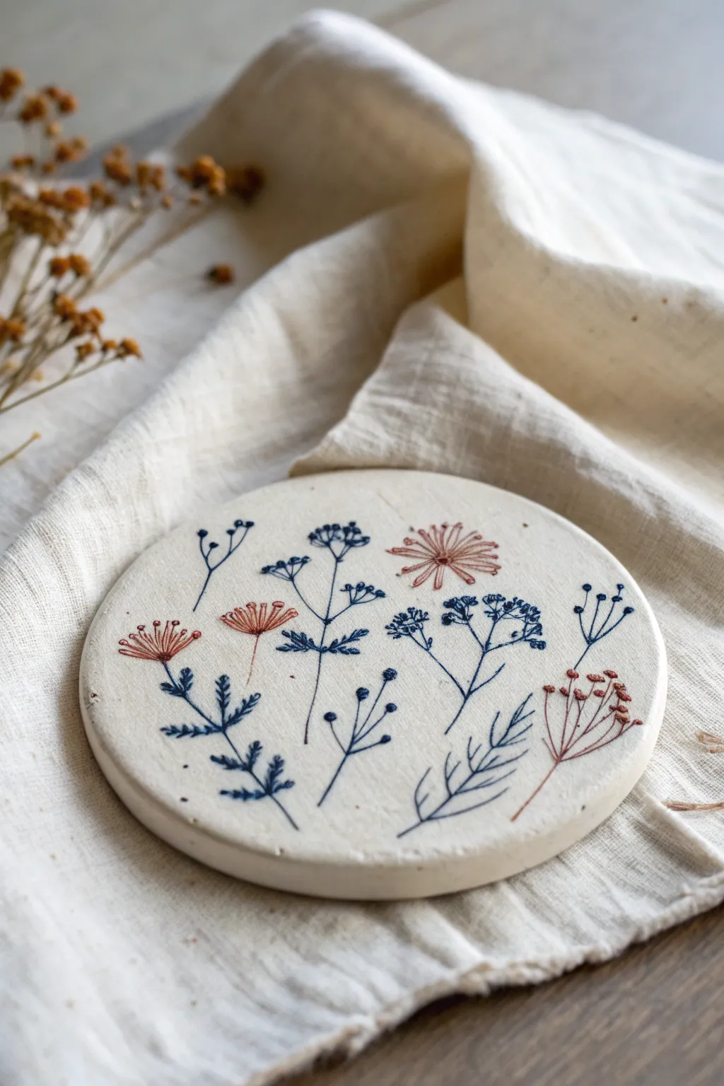 Wildflower-pressed air-dry clay coaster on linen, Scandinavian minimalism with cozy cottage vibes.