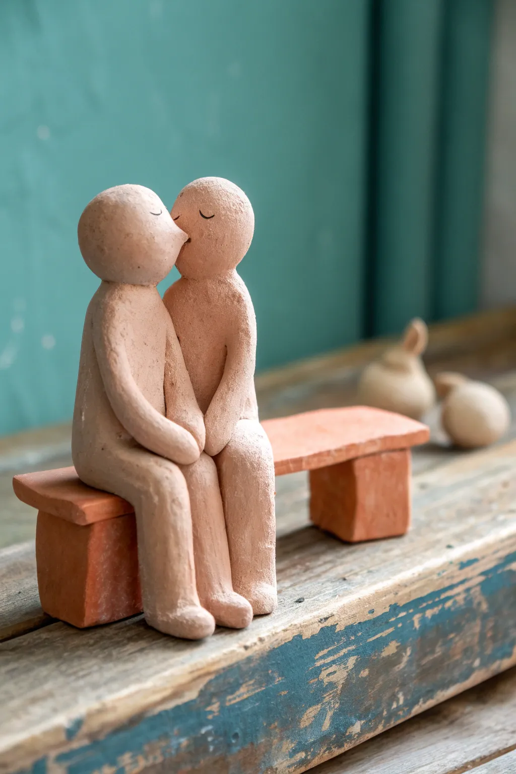 Sweet head-to-head clay couple on a tiny bench, minimal shapes and bold color contrast