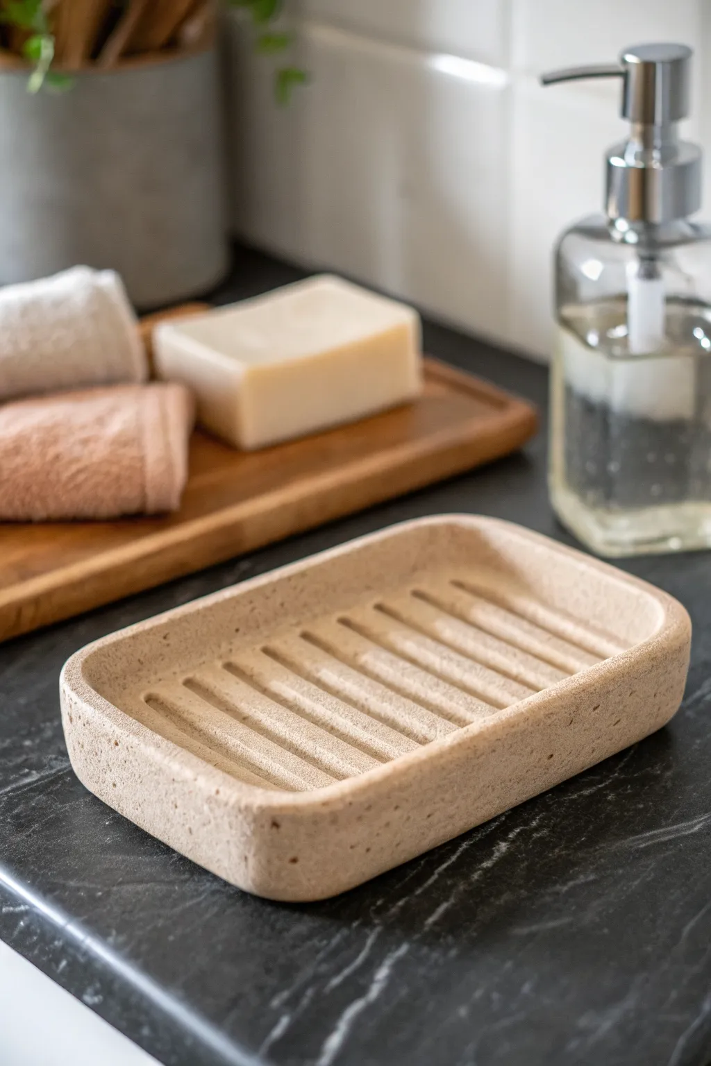 Textured air dry clay soap dish in warm stone tones for a minimalist, spa-like sink moment